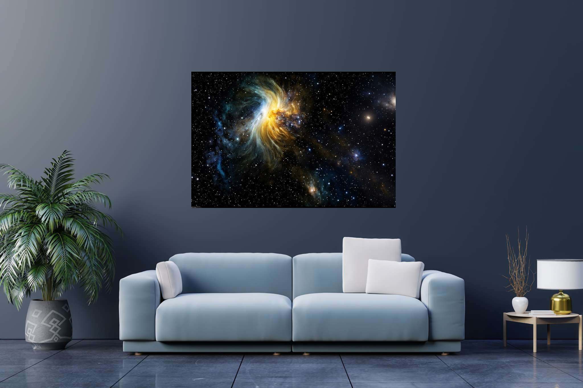 Stardust serenade: Cosmos art with celestial-themed art, in a room with elegant layout, canvas prints, and home furnishings. The art can be printed on poster, framed poster, canvas, metal, acrylic or wood, exclusively at WallArtZen. Find this exact print at https://wallartzen.com/waz281