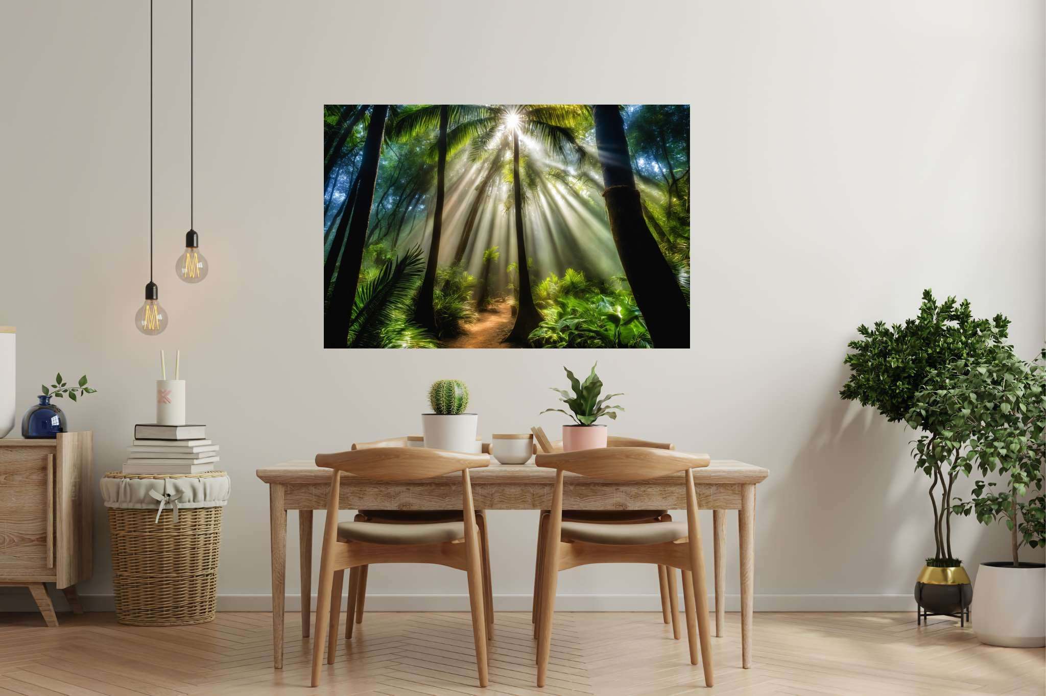 Starlit grove reverie: Enchanted forest art with dreamlike forest paintings, in a room with artistic style, fine art prints, and artisan decor. The art can be printed on poster, framed poster, canvas, metal, acrylic or wood, exclusively at WallArtZen. Find this exact print at https://wallartzen.com/waz283