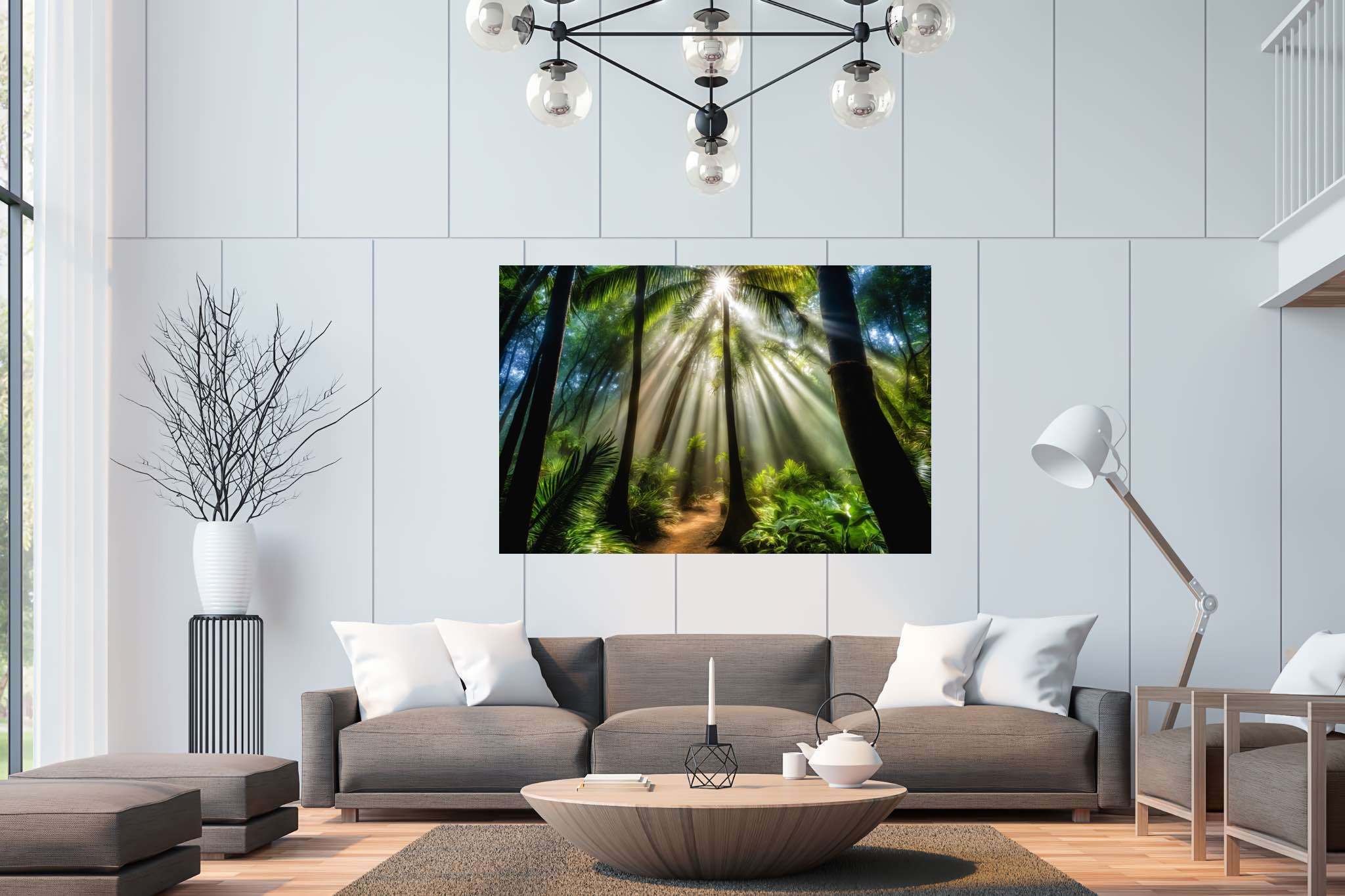 Starlit grove reverie: Enchanted forest art with whimsical forest artwork, in a room with modern style, mural artworks, and decorative pieces. The art can be printed on poster, framed poster, canvas, metal, acrylic or wood, exclusively at WallArtZen. Find this exact print at https://wallartzen.com/waz283