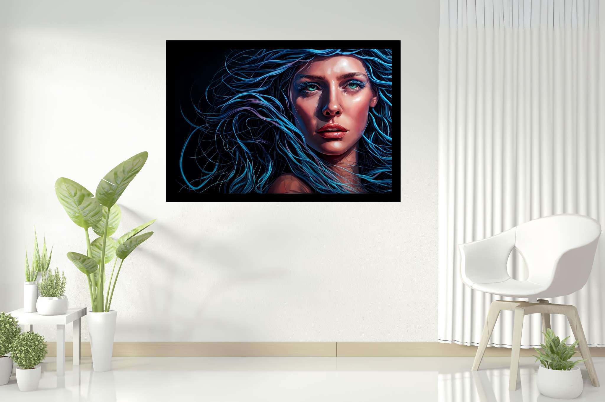 Azure siren's reverie: Surrealistic art with fantastical, in a room with contemporary flair, wall hangings, and home styling items. The art can be printed on poster, framed poster, canvas, metal, acrylic or wood, exclusively at WallArtZen. Find this exact print at https://wallartzen.com/waz284