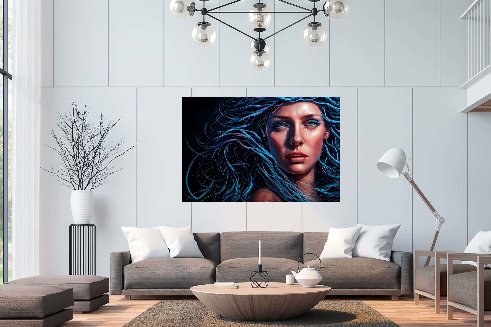 Azure siren's reverie: Surrealistic art with bizarre, in a room with classic elegance, fine art prints, and interior decorations. The art can be printed on poster, framed poster, canvas, metal, acrylic or wood, exclusively at WallArtZen. Find this exact print at https://wallartzen.com/waz284