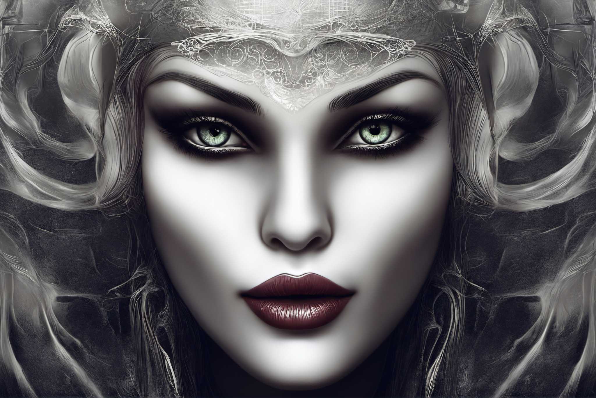 Emerald gaze enigma: Surreal woman art with surreal woman art, in a room with contemporary flair, fine art prints, and interior decorations. The art can be printed on poster, framed poster, canvas, metal, acrylic or wood, exclusively at WallArtZen. Find this exact print at https://wallartzen.com/waz285