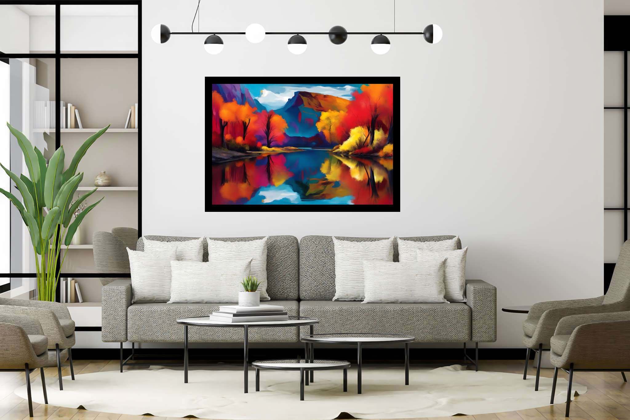 Rivertime serenade: Scenic art with nature artworks, in a room with artistic style, framed art, and interior decorations. The art can be printed on poster, framed poster, canvas, metal, acrylic or wood, exclusively at WallArtZen. Find this exact print at https://wallartzen.com/waz286