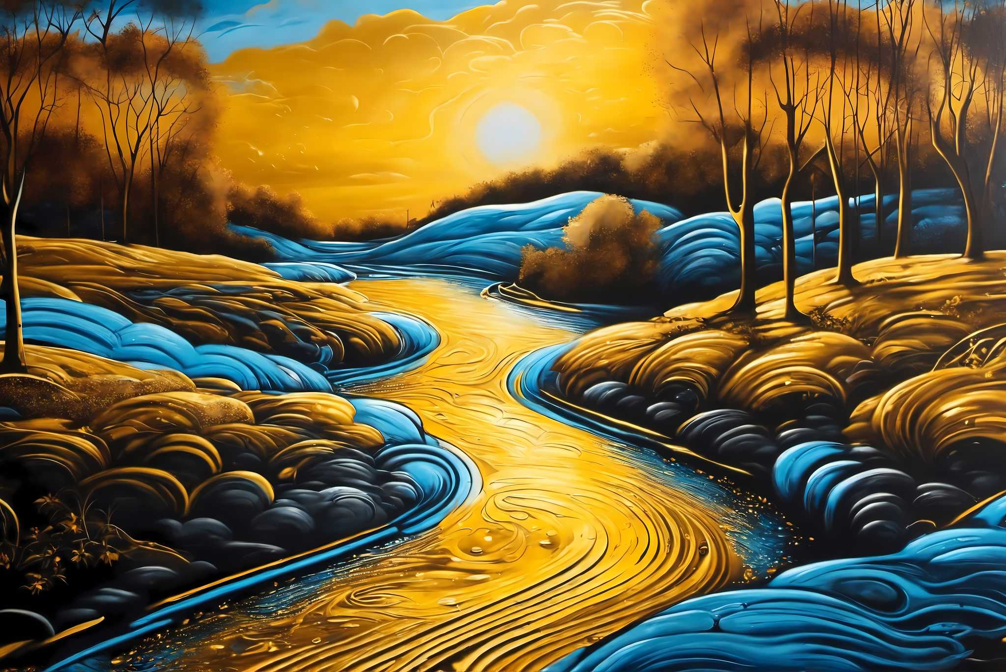 Sunset embrace by eden's bend: Serene landscape art with tranquil scenery artwork, in a room with great design, photographic wall art, and home styling items. The art can be printed on poster, framed poster, canvas, metal, acrylic or wood, exclusively at WallArtZen. Find this exact print at https://wallartzen.com/waz288