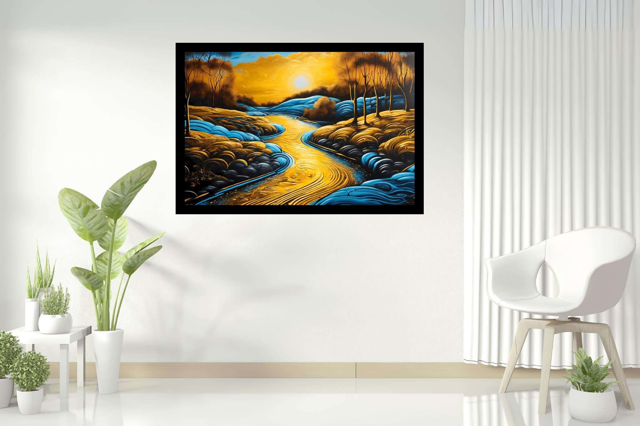 Sunset embrace by eden's bend: Serene landscape art with calming landscape illustrations, in a room with elegant layout, bespoke art designs, and designer furniture. The art can be printed on poster, framed poster, canvas, metal, acrylic or wood, exclusively at WallArtZen. Find this exact print at https://wallartzen.com/waz288