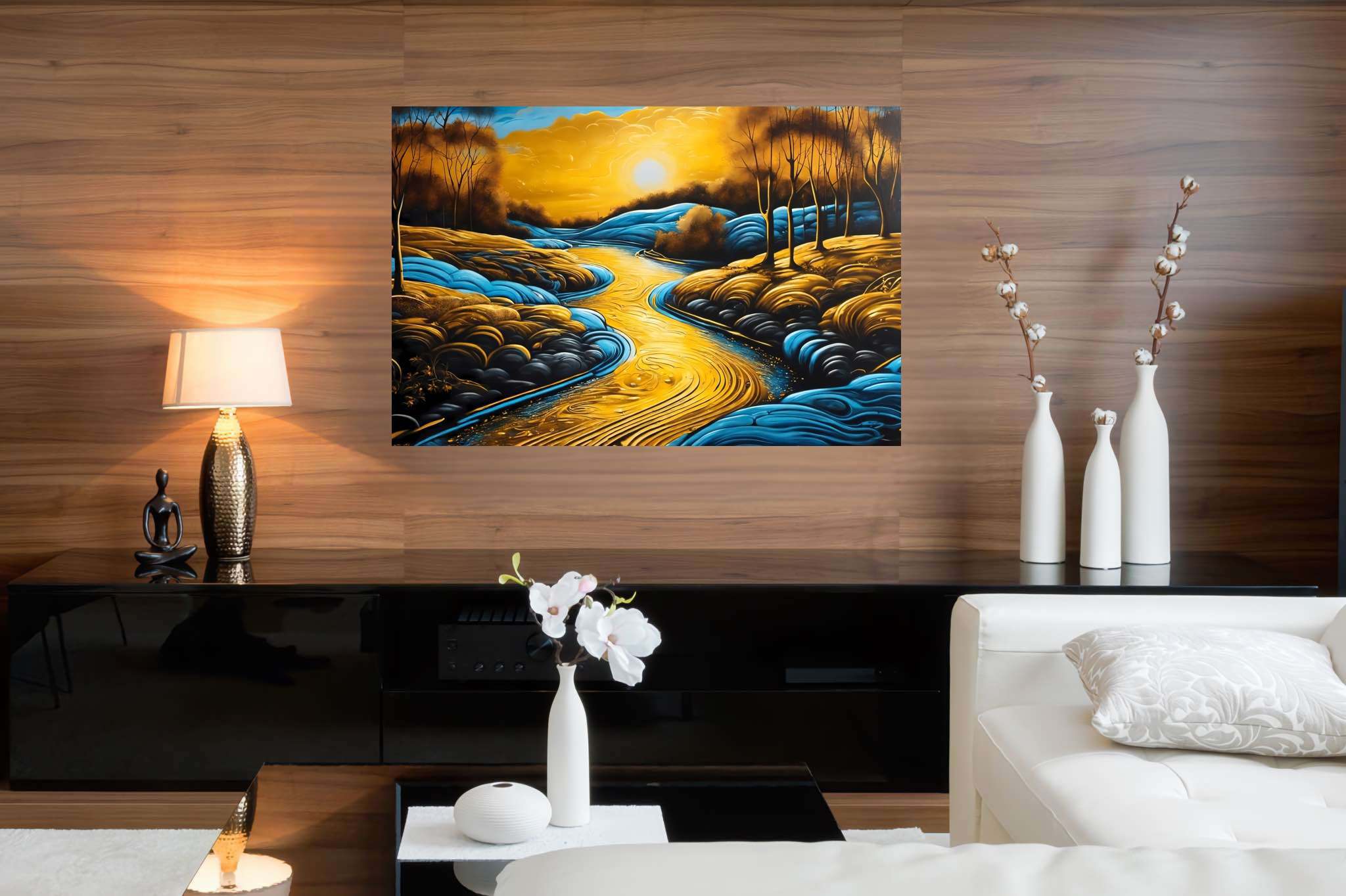 Sunset embrace by eden's bend: Serene landscape art with tranquil scenery artwork, in a room with contemporary flair, framed art, and luxe decor. The art can be printed on poster, framed poster, canvas, metal, acrylic or wood, exclusively at WallArtZen. Find this exact print at https://wallartzen.com/waz288