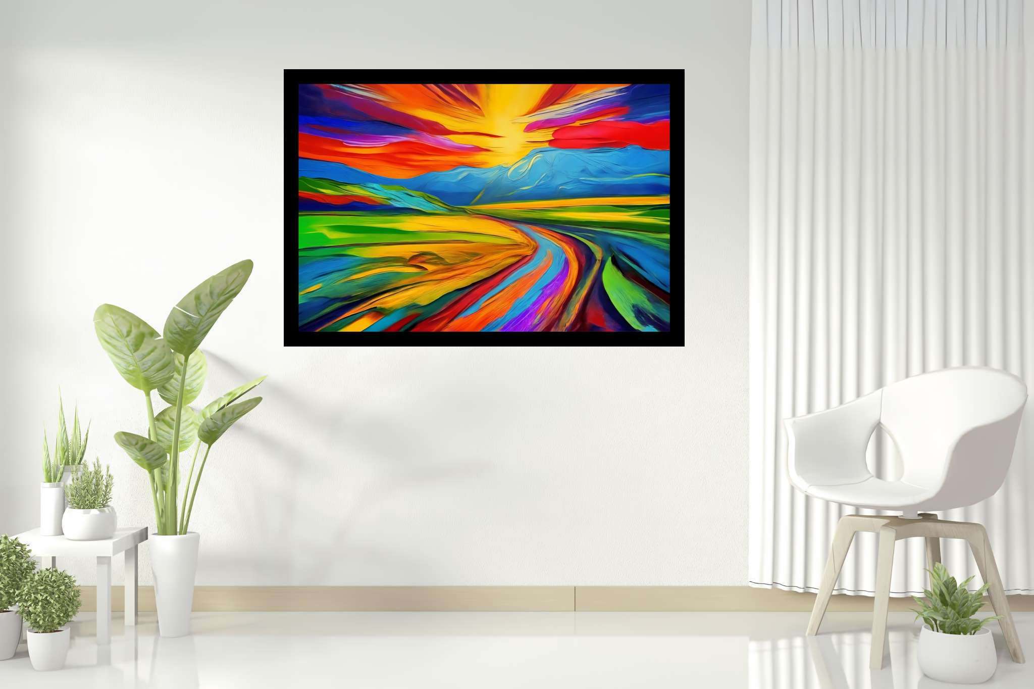 Aurora's veil enchantment: Vibrant sunset art with vibrant sunset photography, in a room with contemporary flair, fine art prints, and stylish accessories. The art can be printed on poster, framed poster, canvas, metal, acrylic or wood, exclusively at WallArtZen. Find this exact print at https://wallartzen.com/waz289