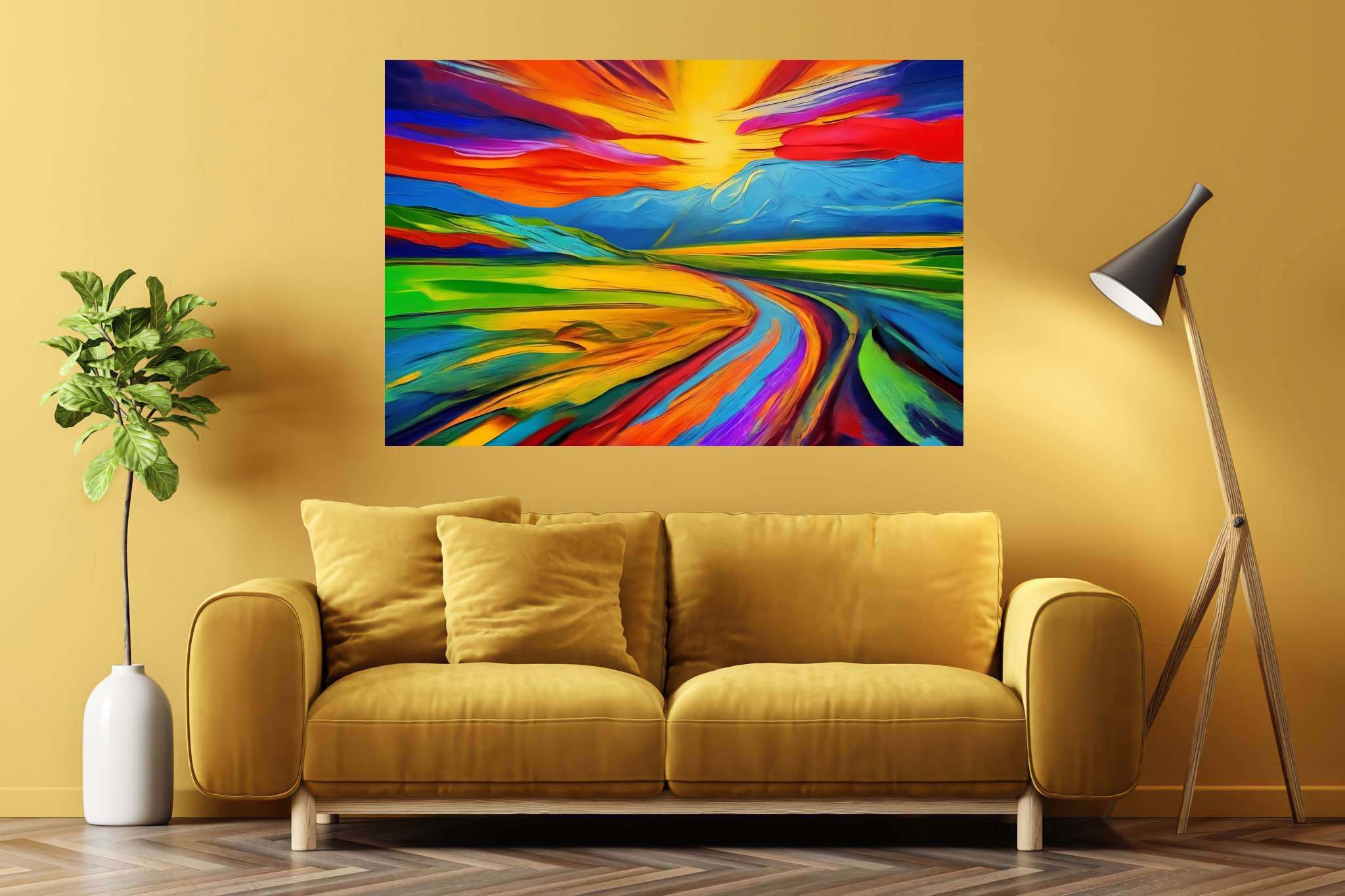 Aurora's veil enchantment: Vibrant sunset art with vibrant sunset art, in a room with contemporary flair, wall art, and stylish accessories. The art can be printed on poster, framed poster, canvas, metal, acrylic or wood, exclusively at WallArtZen. Find this exact print at https://wallartzen.com/waz289