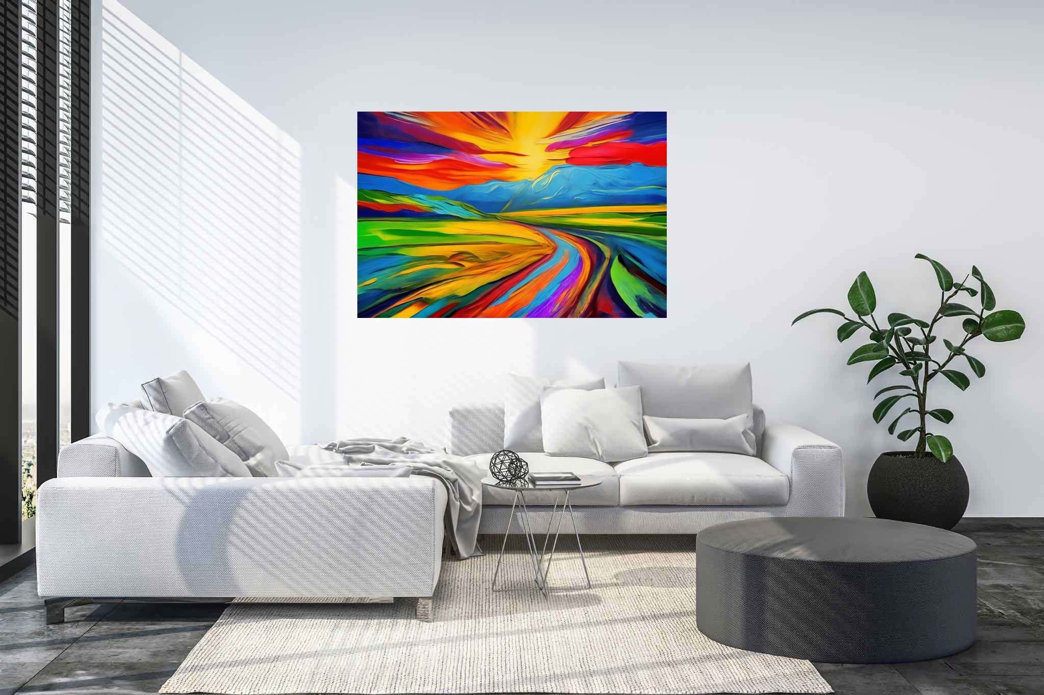 Aurora's veil enchantment: Vibrant sunset art with vibrant wall decor, in a room with great design, digital art pieces, and interior decorations. The art can be printed on poster, framed poster, canvas, metal, acrylic or wood, exclusively at WallArtZen. Find this exact print at https://wallartzen.com/waz289