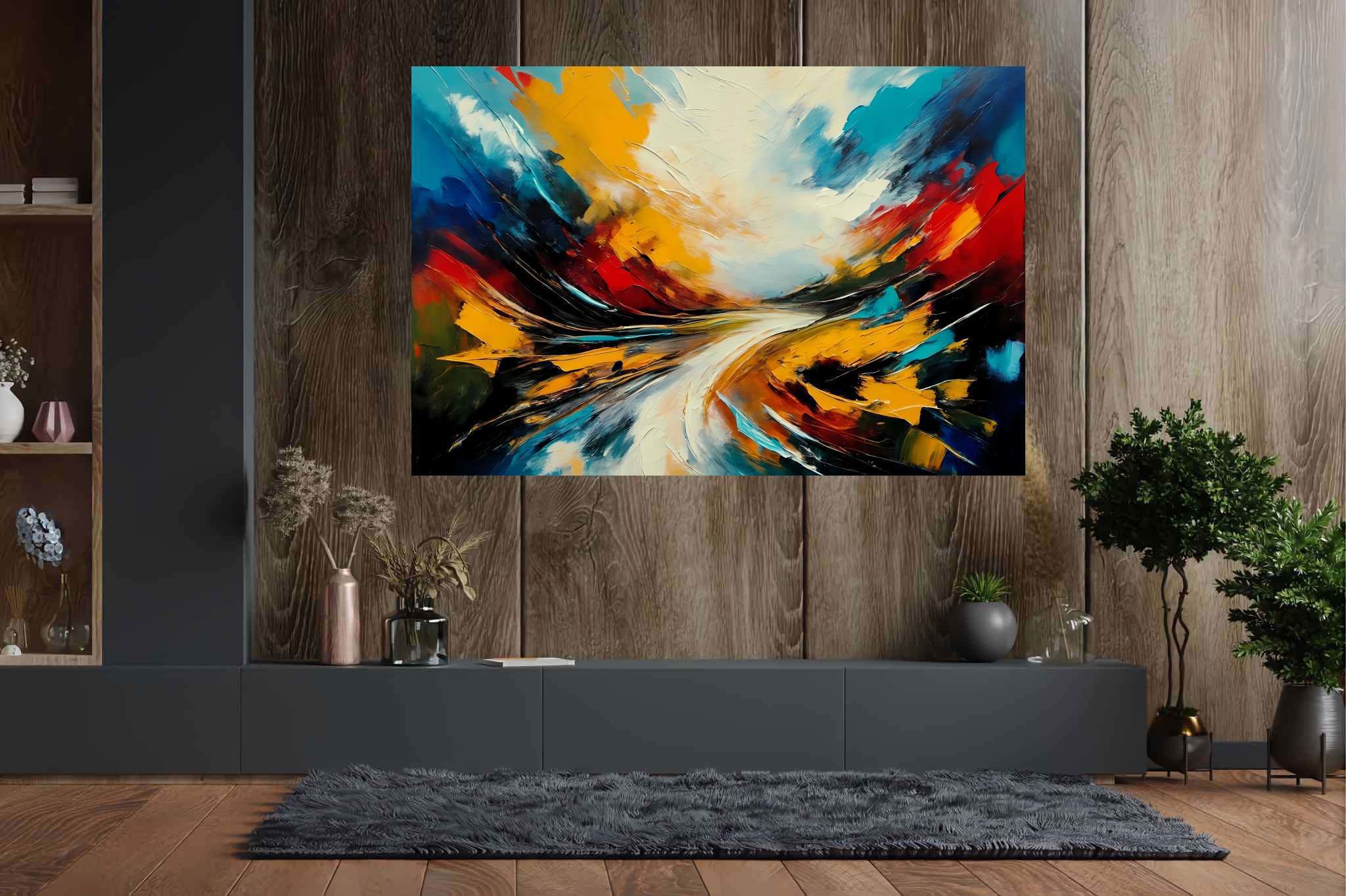 Chimerical horizons unfurled: Surreal landscape art with whimsical art, in a room with great design, fine art prints, and interior decorations. The art can be printed on poster, framed poster, canvas, metal, acrylic or wood, exclusively at WallArtZen. Find this exact print at https://wallartzen.com/waz28