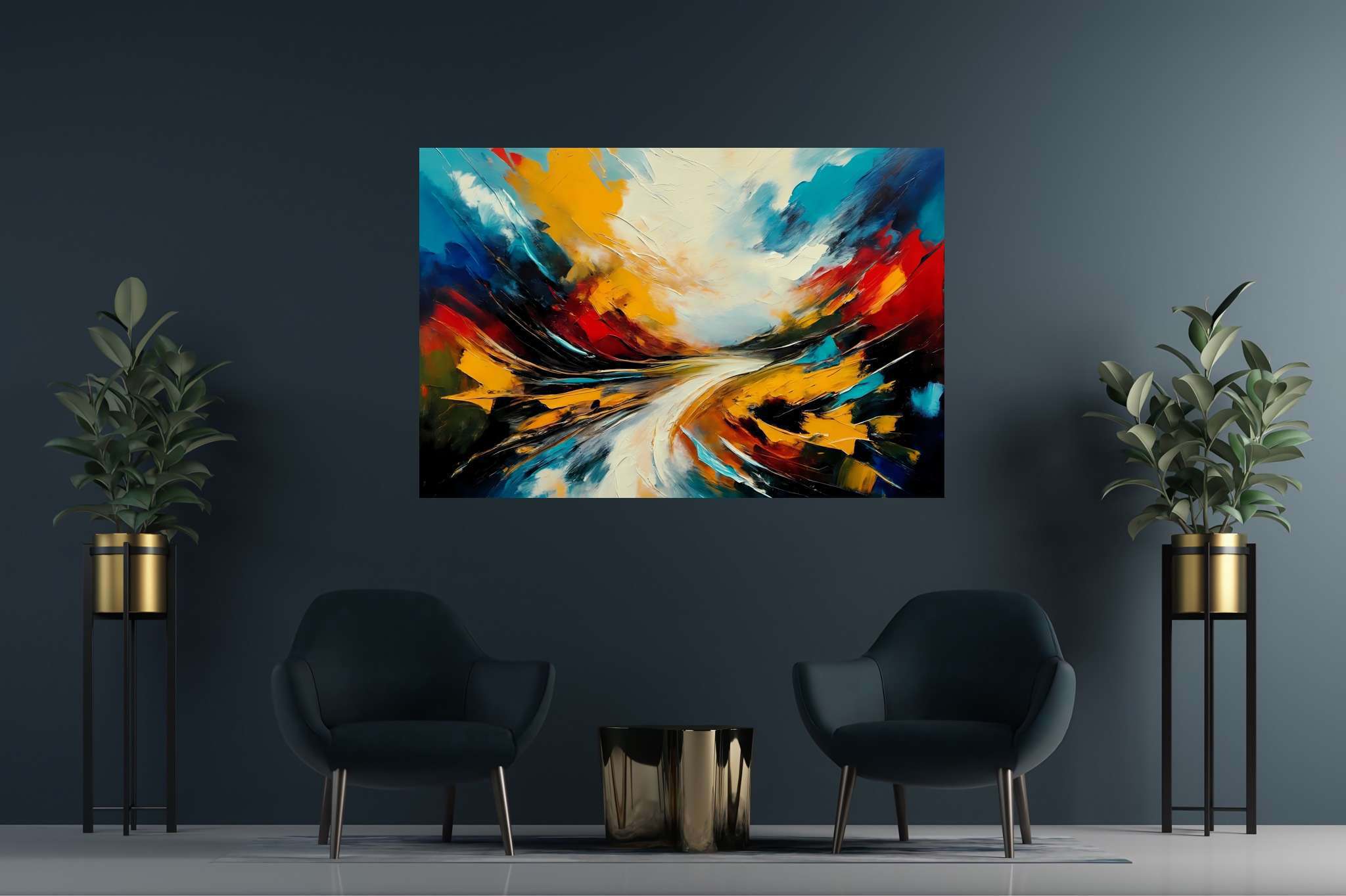 Chimerical horizons unfurled: Surreal landscape art with surrealist painting, in a room with great design, wall hangings, and home furnishings. The art can be printed on poster, framed poster, canvas, metal, acrylic or wood, exclusively at WallArtZen. Find this exact print at https://wallartzen.com/waz28
