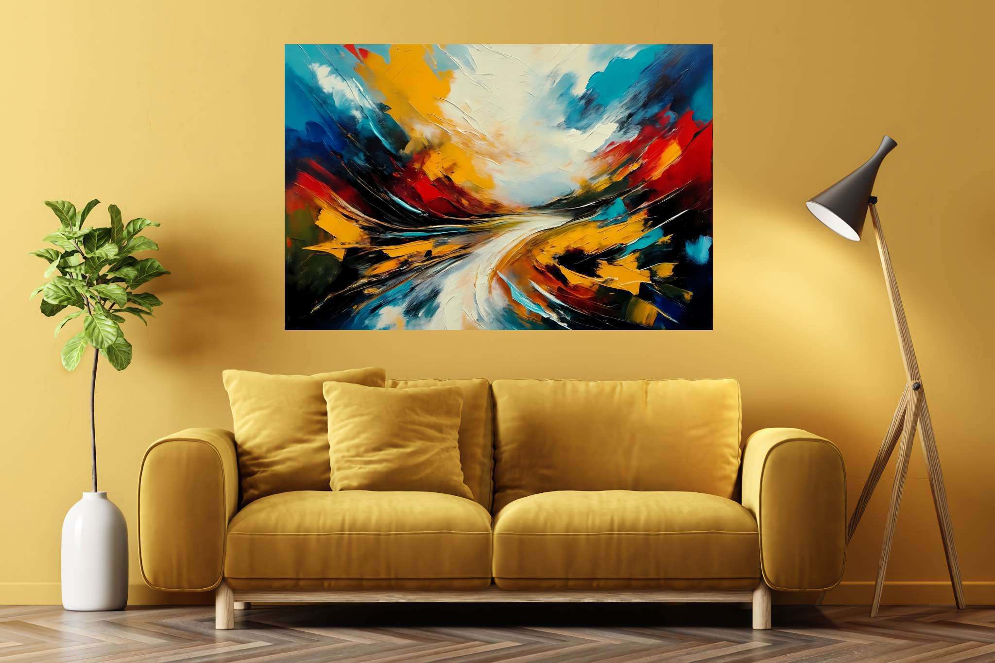 Chimerical horizons unfurled: Surreal landscape art with mystical environments, in a room with great design, canvas prints, and home styling items. The art can be printed on poster, framed poster, canvas, metal, acrylic or wood, exclusively at WallArtZen. Find this exact print at https://wallartzen.com/waz28