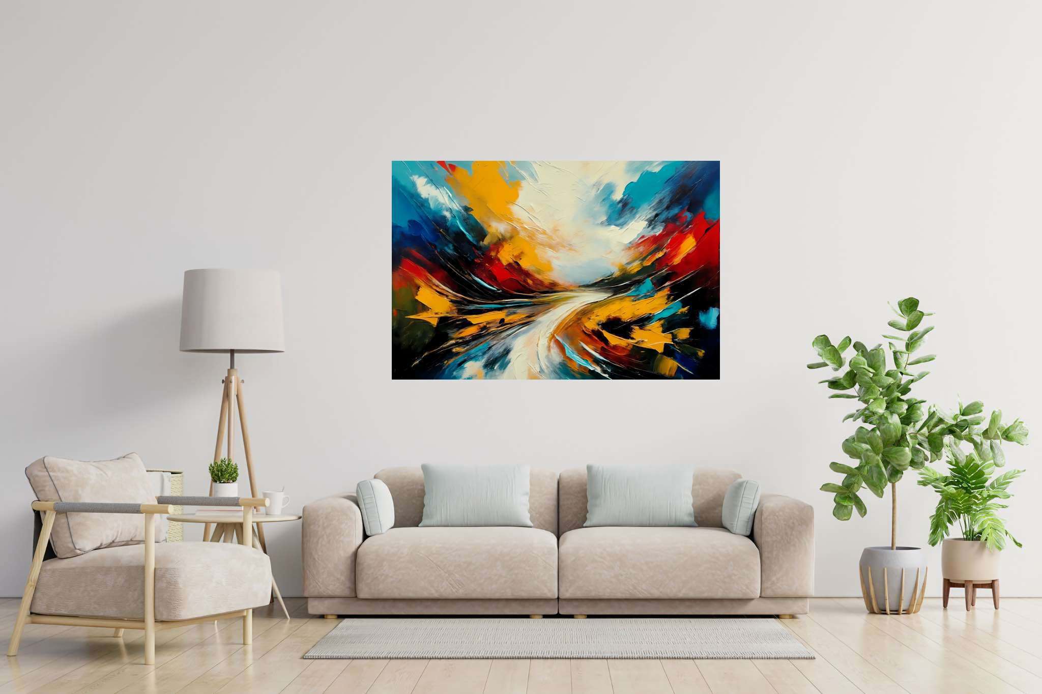 Chimerical horizons unfurled: Surreal landscape art with ethereal artwork, in a room with urban design, digital art pieces, and artisan decor. The art can be printed on poster, framed poster, canvas, metal, acrylic or wood, exclusively at WallArtZen. Find this exact print at https://wallartzen.com/waz28