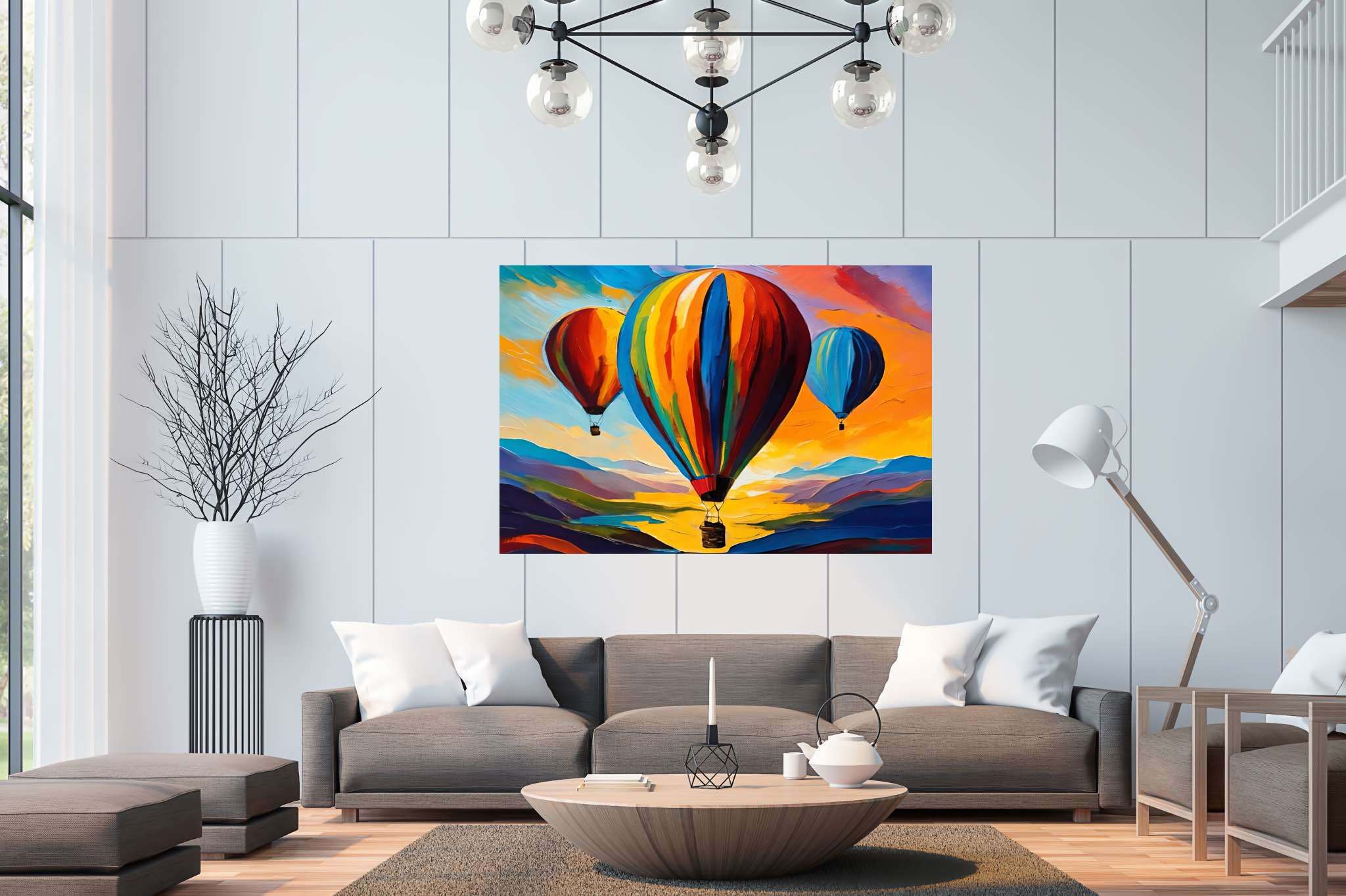 Aloft in dusk's embrace: Balloon art with balloon decorations, in a room with classic elegance, photographic wall art, and artisan decor. The art can be printed on poster, framed poster, canvas, metal, acrylic or wood, exclusively at WallArtZen. Find this exact print at https://wallartzen.com/waz290