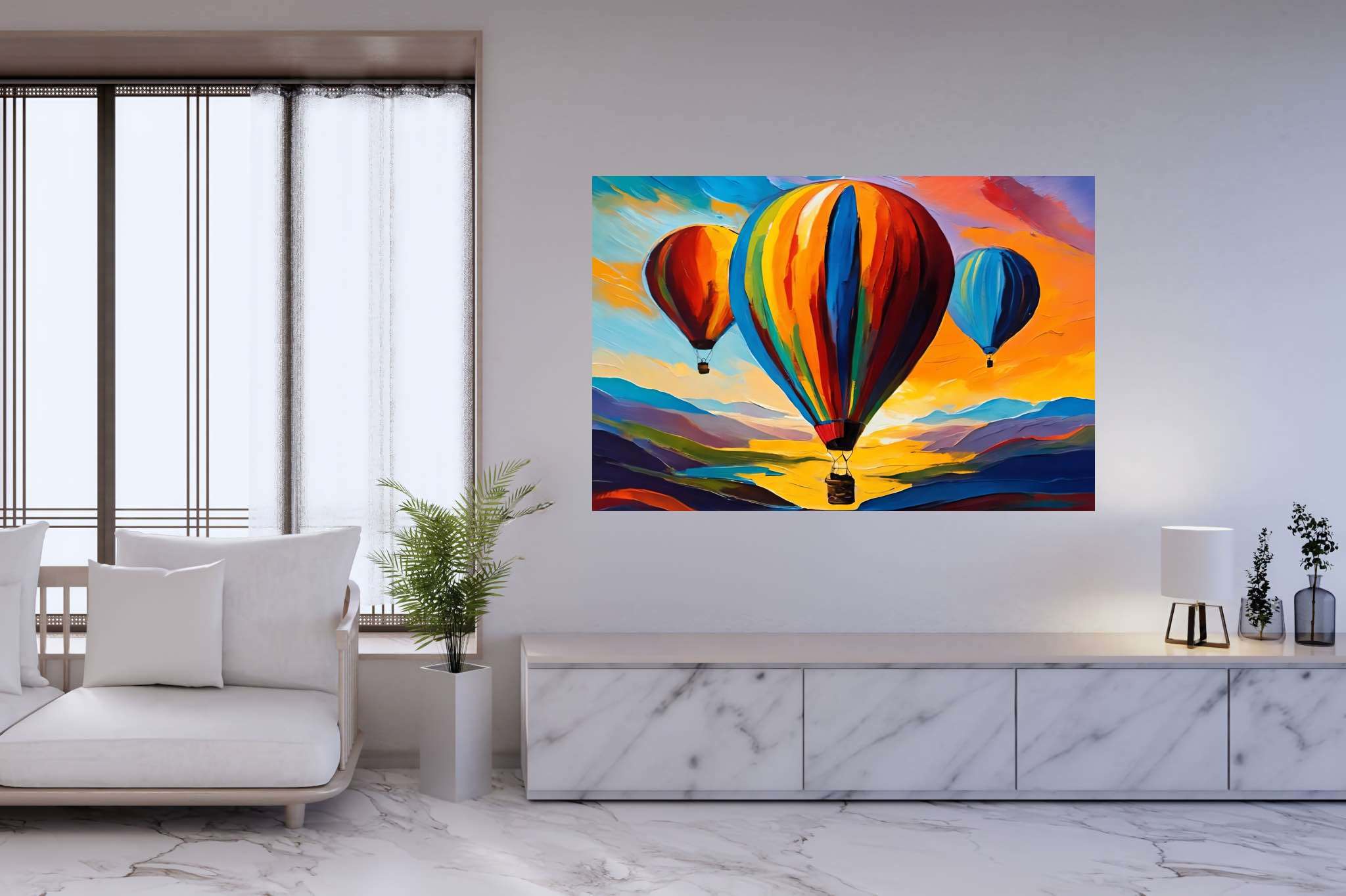 Aloft in dusk's embrace: Balloon art with balloon animals, in a room with innovative layout, abstract paintings, and designer furniture. The art can be printed on poster, framed poster, canvas, metal, acrylic or wood, exclusively at WallArtZen. Find this exact print at https://wallartzen.com/waz290