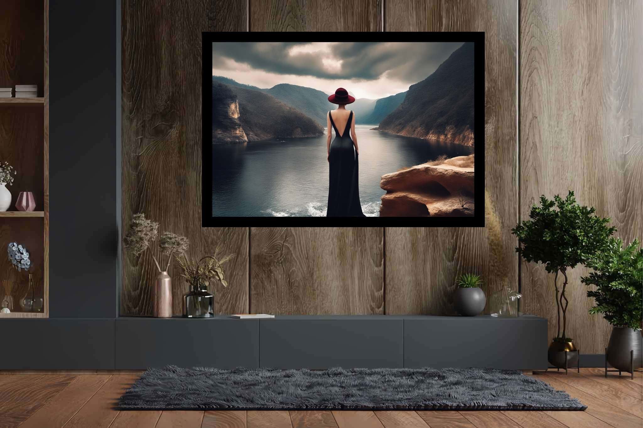 Silent reverie overlook: Solitude art with alone in thought, in a room with urban design, framed art, and artisan decor. The art can be printed on poster, framed poster, canvas, metal, acrylic or wood, exclusively at WallArtZen. Find this exact print at https://wallartzen.com/waz291