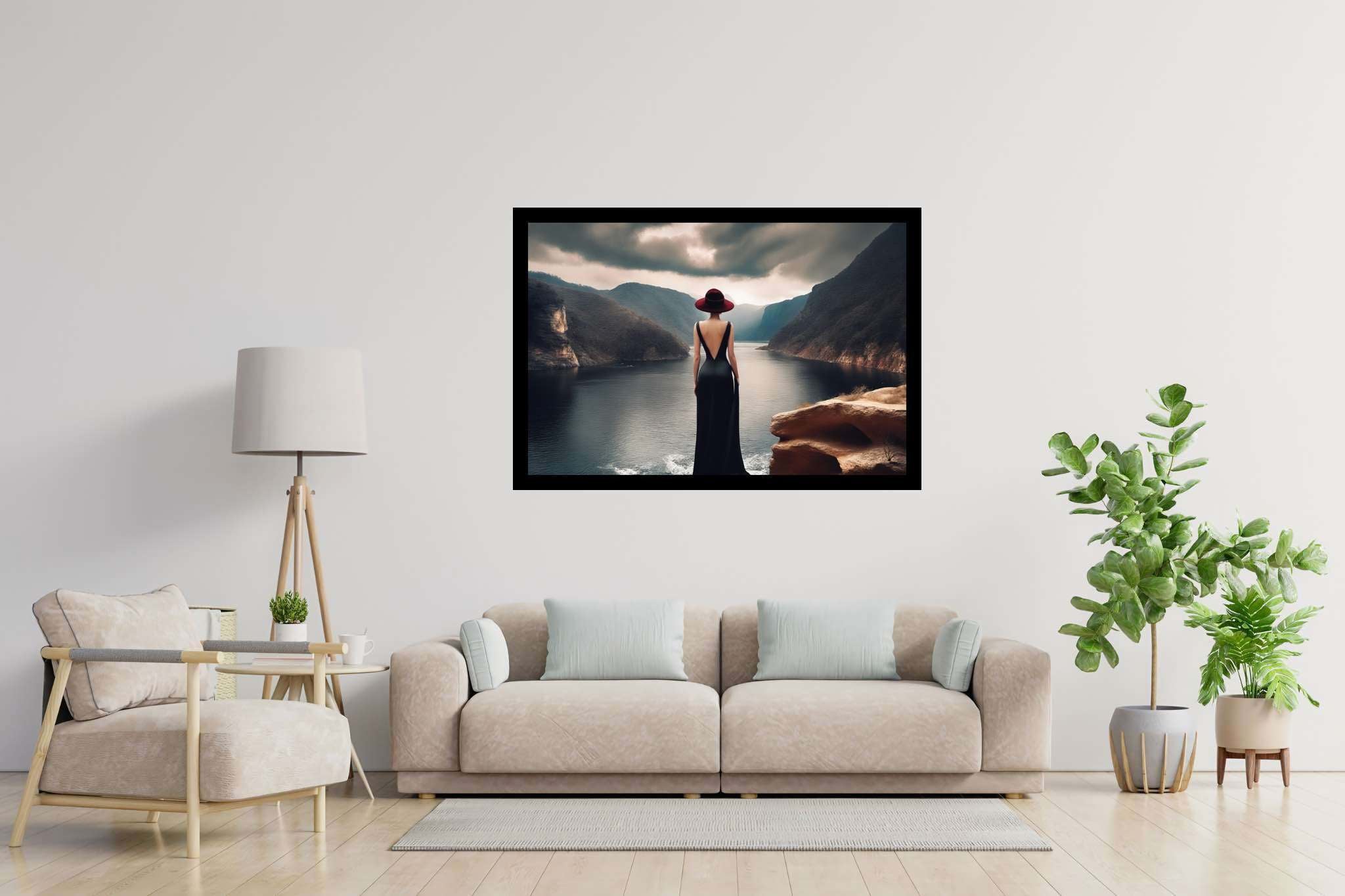 Silent reverie overlook: Solitude art with self-reflection, in a room with modern style, fine art prints, and luxe decor. The art can be printed on poster, framed poster, canvas, metal, acrylic or wood, exclusively at WallArtZen. Find this exact print at https://wallartzen.com/waz291