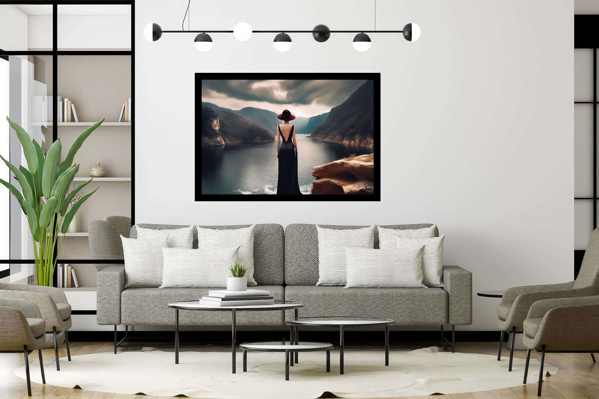 Silent reverie overlook: Solitude art with tranquility, in a room with chic decor, fine art prints, and home styling items. The art can be printed on poster, framed poster, canvas, metal, acrylic or wood, exclusively at WallArtZen. Find this exact print at https://wallartzen.com/waz291