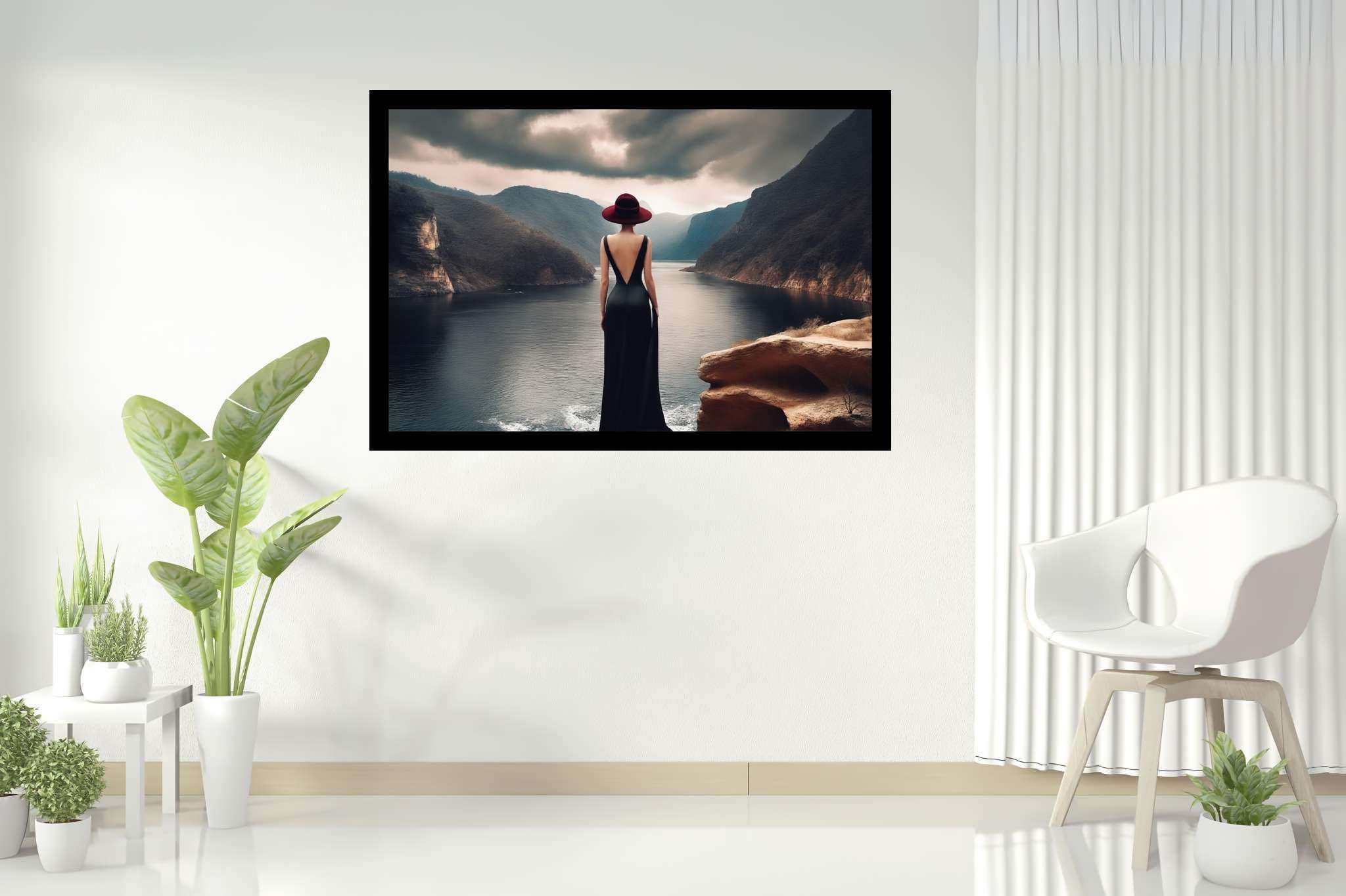 Silent reverie overlook: Solitude art with loneliness, in a room with elegant layout, mural artworks, and interior decorations. The art can be printed on poster, framed poster, canvas, metal, acrylic or wood, exclusively at WallArtZen. Find this exact print at https://wallartzen.com/waz291