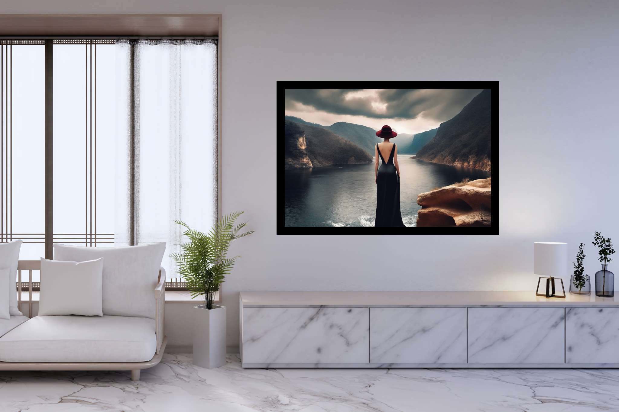 Silent reverie overlook: Solitude art with tranquility, in a room with contemporary flair, gallery-quality artwork, and luxe decor. The art can be printed on poster, framed poster, canvas, metal, acrylic or wood, exclusively at WallArtZen. Find this exact print at https://wallartzen.com/waz291