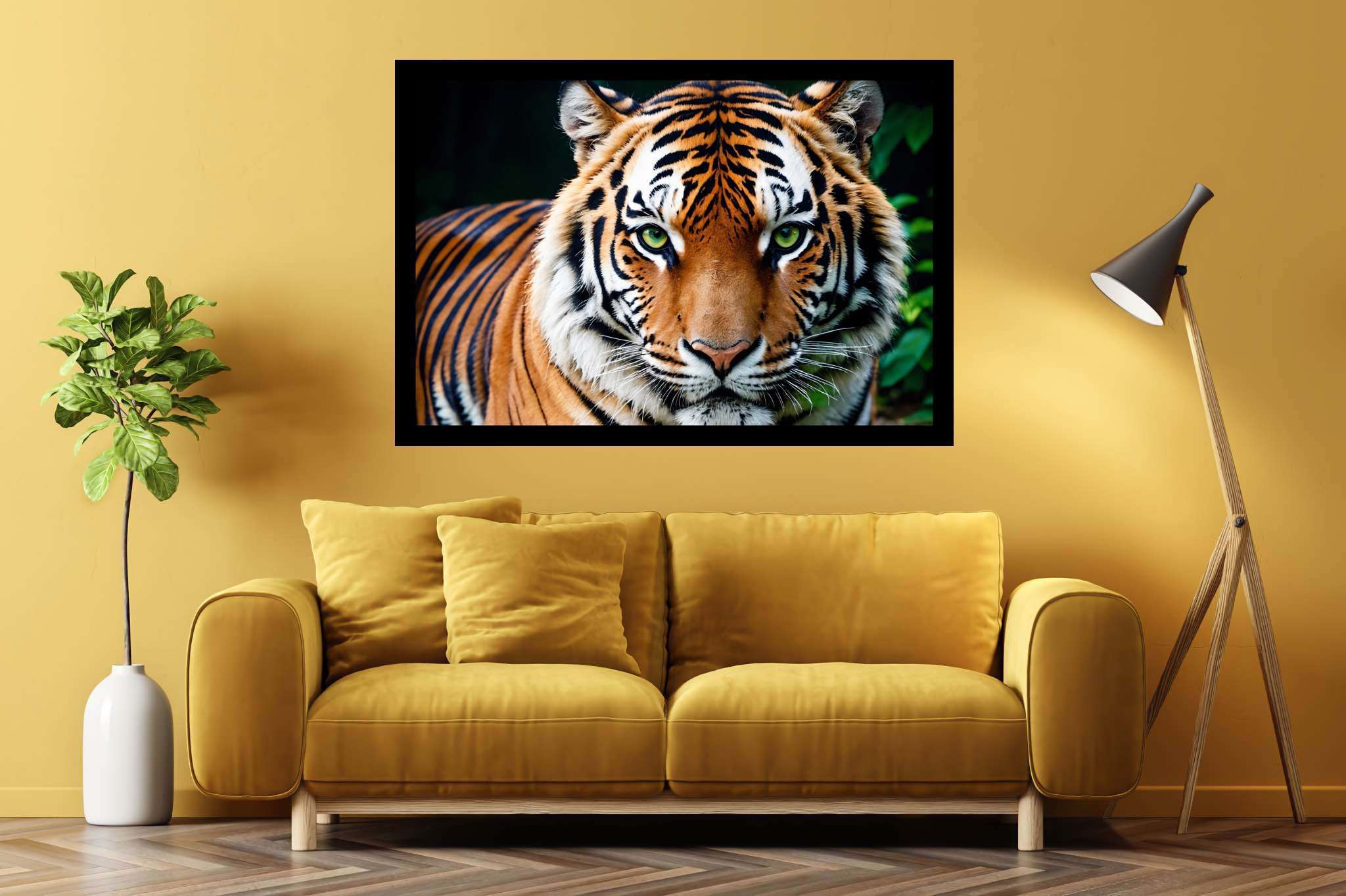 Emerald gaze untamed: Tiger art with tiger art, in a room with artistic style, photographic wall art, and stylish accessories. The art can be printed on poster, framed poster, canvas, metal, acrylic or wood, exclusively at WallArtZen. Find this exact print at https://wallartzen.com/waz292