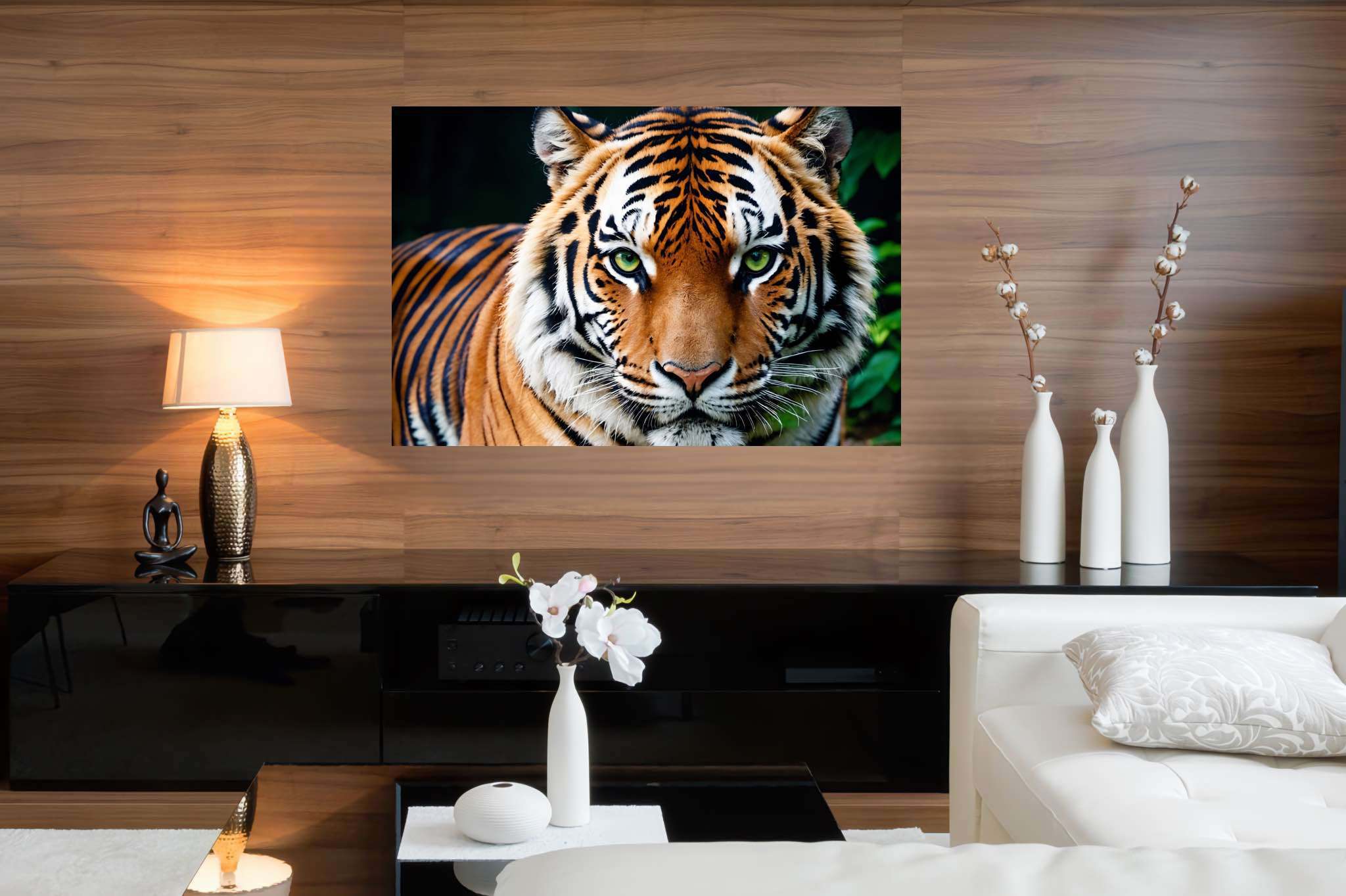 Emerald gaze untamed: Tiger art with tiger art, in a room with artistic style, digital art pieces, and elegant home goods. The art can be printed on poster, framed poster, canvas, metal, acrylic or wood, exclusively at WallArtZen. Find this exact print at https://wallartzen.com/waz292