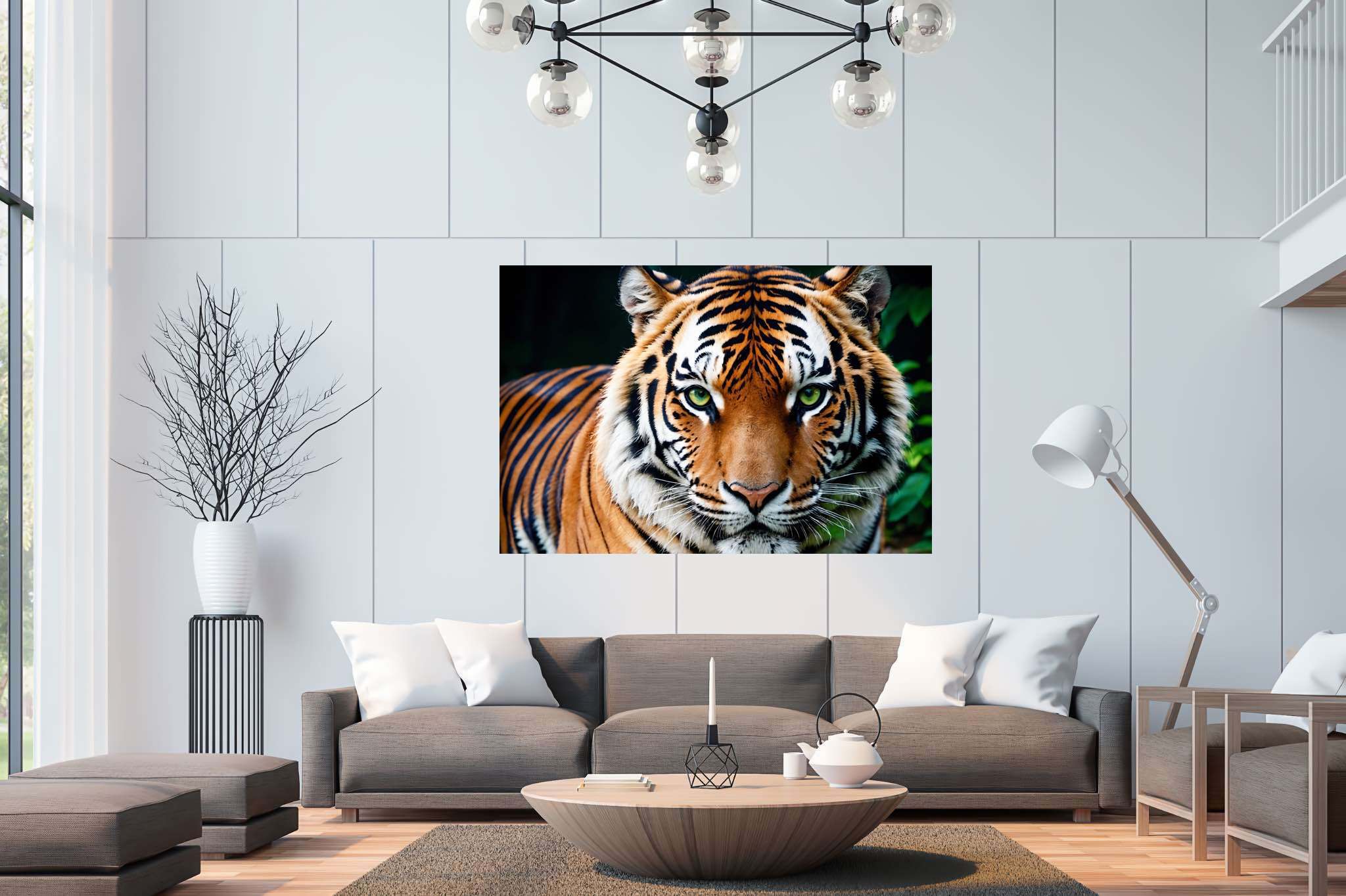 Emerald gaze untamed: Tiger art with animal art, in a room with modern style, bespoke art designs, and designer furniture. The art can be printed on poster, framed poster, canvas, metal, acrylic or wood, exclusively at WallArtZen. Find this exact print at https://wallartzen.com/waz292