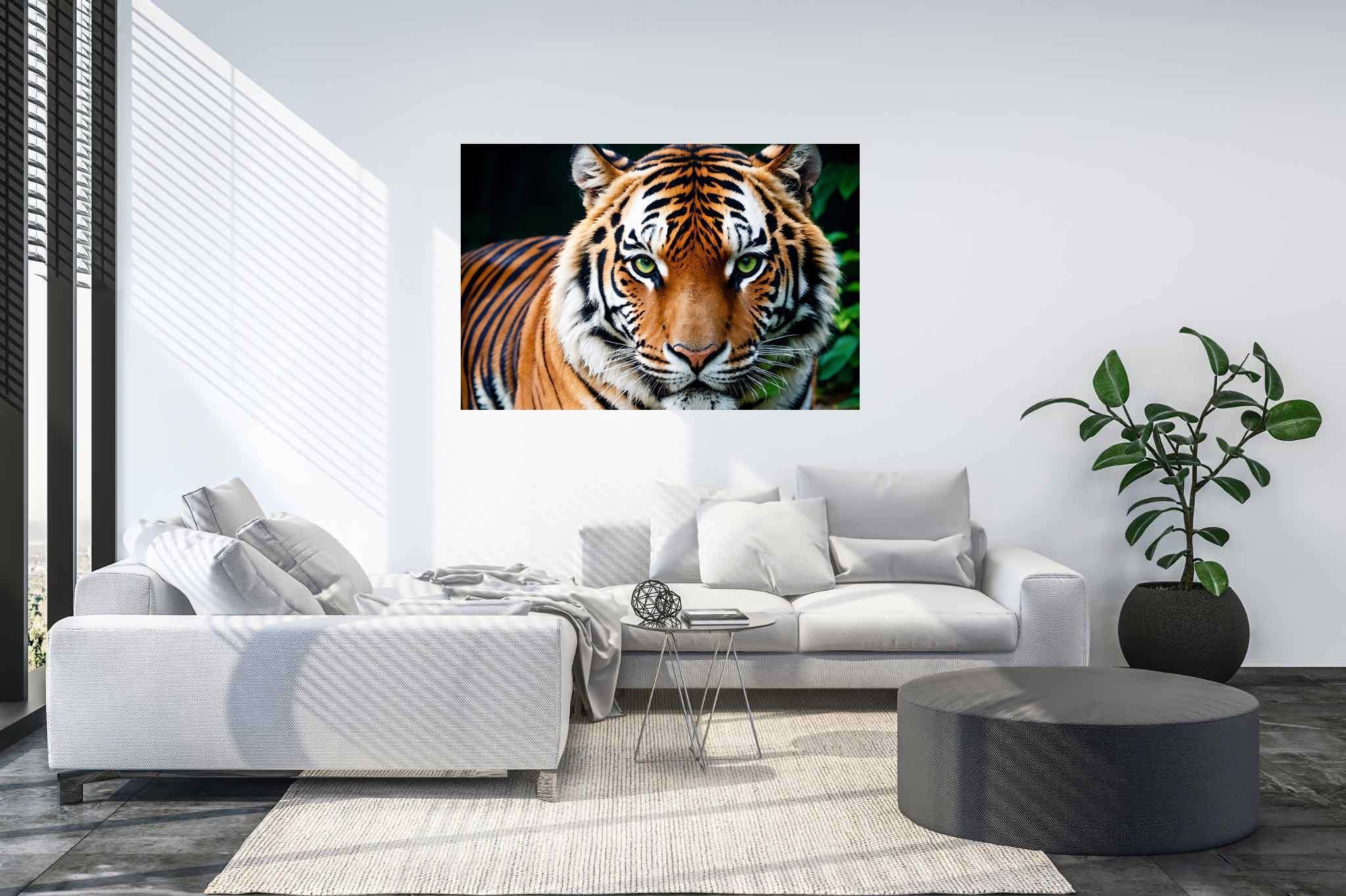 Emerald gaze untamed: Tiger art with jungle, in a room with great design, wall hangings, and elegant home goods. The art can be printed on poster, framed poster, canvas, metal, acrylic or wood, exclusively at WallArtZen. Find this exact print at https://wallartzen.com/waz292