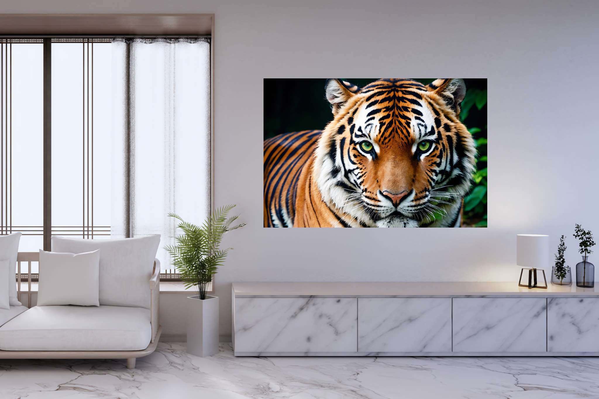 Emerald gaze untamed: Tiger art with jungle, in a room with classic elegance, wall hangings, and artisan decor. The art can be printed on poster, framed poster, canvas, metal, acrylic or wood, exclusively at WallArtZen. Find this exact print at https://wallartzen.com/waz292
