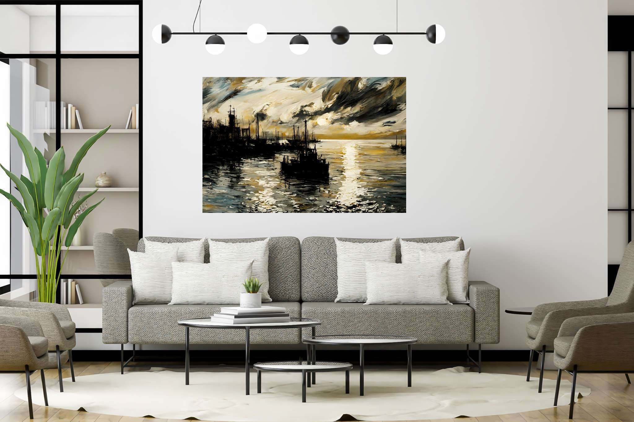 Amber horizons afloat: Serenity art with mindfulness, in a room with minimalist approach, bespoke art designs, and stylish accessories. The art can be printed on poster, framed poster, canvas, metal, acrylic or wood, exclusively at WallArtZen. Find this exact print at https://wallartzen.com/waz293
