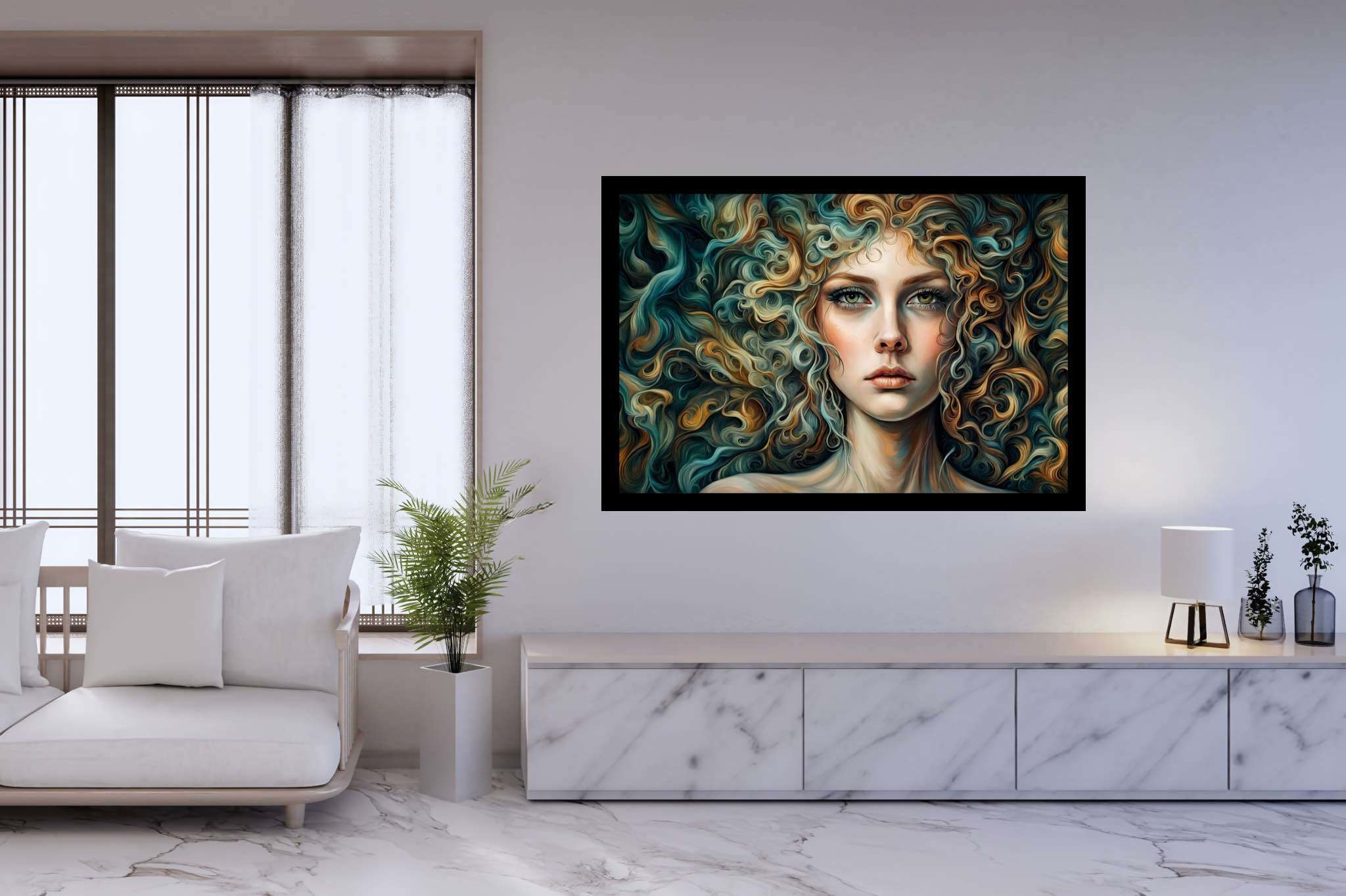 Tresses of thought: Curly hair portrait art with curly hair painting, in a room with innovative layout, bespoke art designs, and stylish accessories. The art can be printed on poster, framed poster, canvas, metal, acrylic or wood, exclusively at WallArtZen. Find this exact print at https://wallartzen.com/waz294