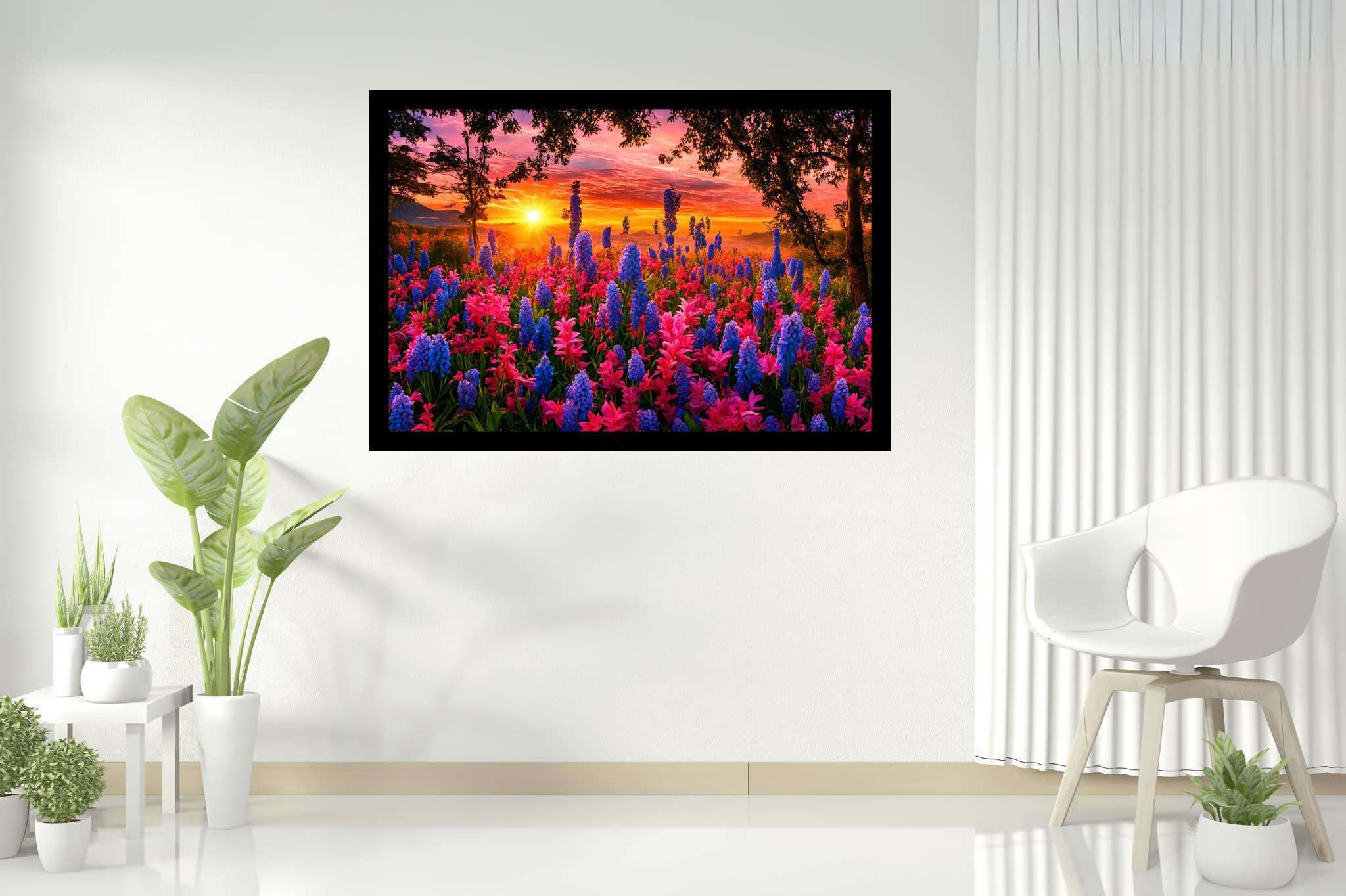 Bloom serenade at twilight: Floral art with floral design, in a room with artistic style, bespoke art designs, and interior decorations. The art can be printed on poster, framed poster, canvas, metal, acrylic or wood, exclusively at WallArtZen. Find this exact print at https://wallartzen.com/waz295