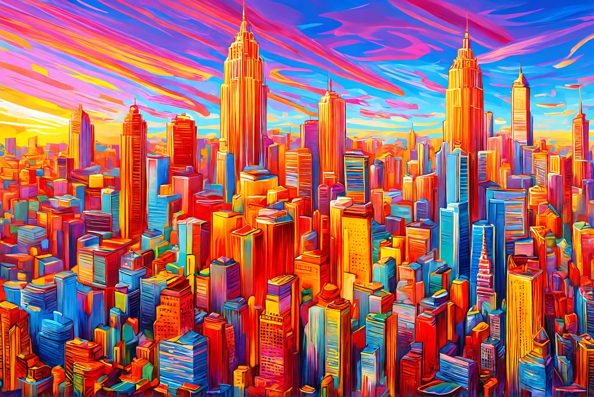 Sunset serenade in chroma: Vibrant cityscape art with dynamic urban landscapes, in a room with contemporary flair, wall art, and stylish accessories. The art can be printed on poster, framed poster, canvas, metal, acrylic or wood, exclusively at WallArtZen. Find this exact print at https://wallartzen.com/waz297