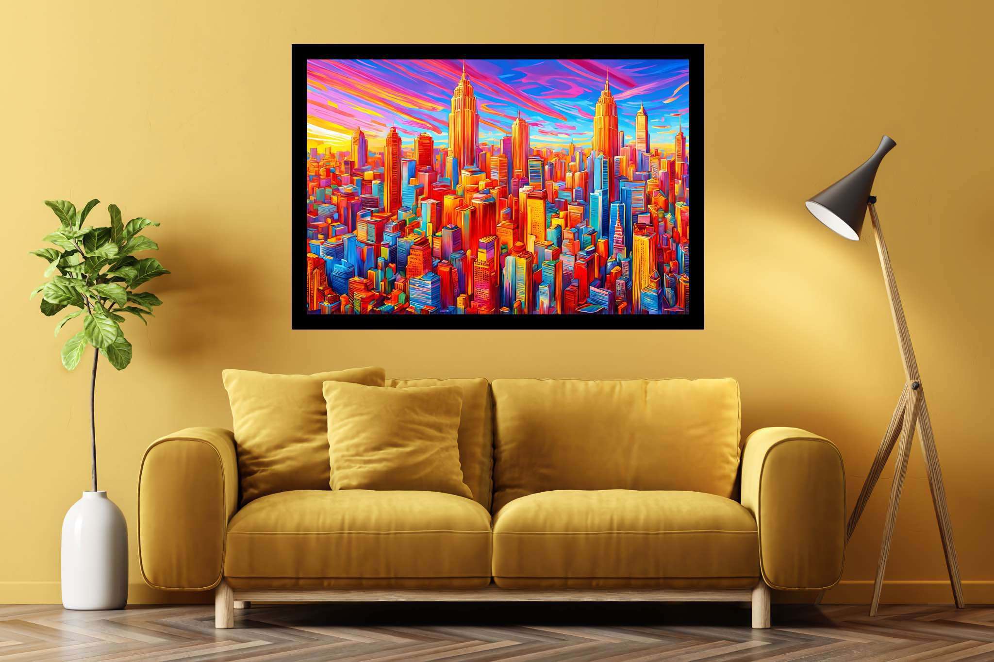 Sunset serenade in chroma: Vibrant cityscape art with vibrant city scenes, in a room with contemporary flair, gallery-quality artwork, and artisan decor. The art can be printed on poster, framed poster, canvas, metal, acrylic or wood, exclusively at WallArtZen. Find this exact print at https://wallartzen.com/waz297