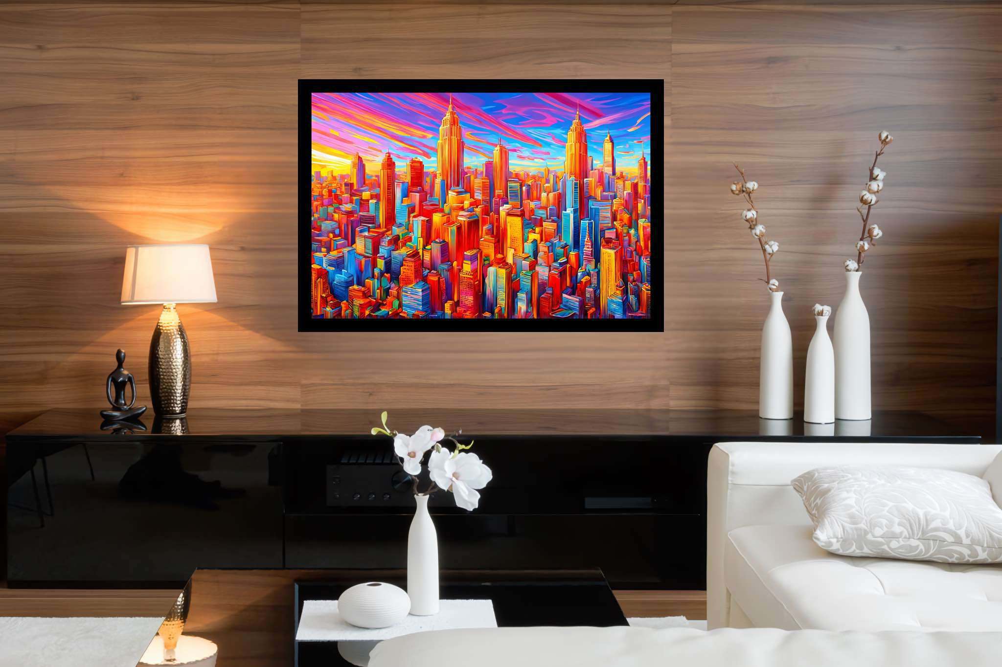 Sunset serenade in chroma: Vibrant cityscape art with urban paintings, in a room with modern style, wall art, and interior decorations. The art can be printed on poster, framed poster, canvas, metal, acrylic or wood, exclusively at WallArtZen. Find this exact print at https://wallartzen.com/waz297