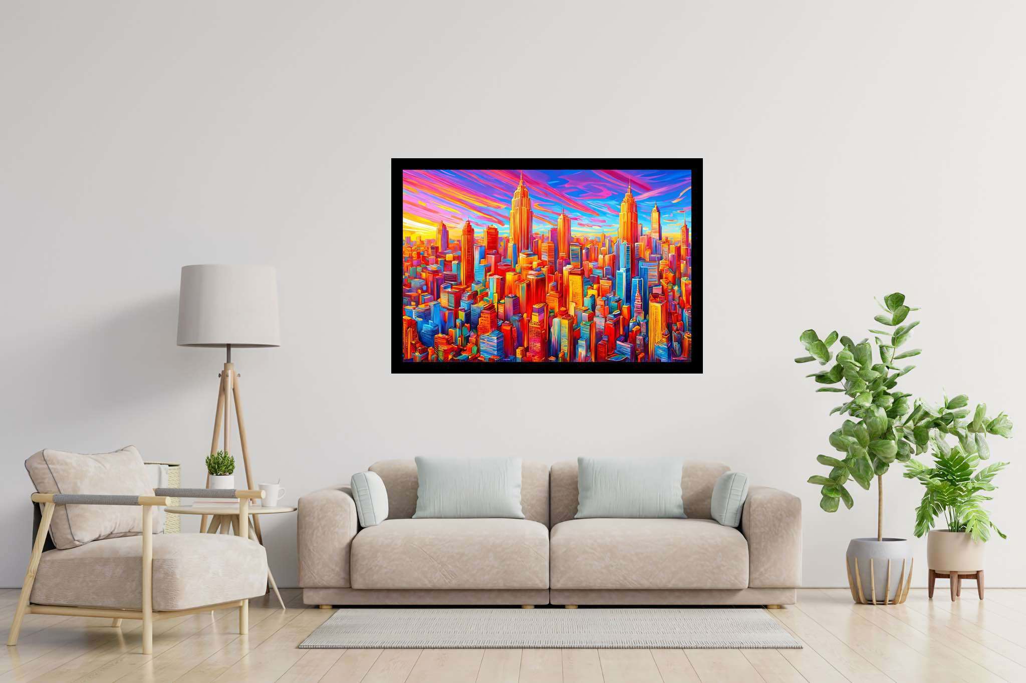 Sunset serenade in chroma: Vibrant cityscape art with vibrant city paintings, in a room with great design, abstract paintings, and elegant home goods. The art can be printed on poster, framed poster, canvas, metal, acrylic or wood, exclusively at WallArtZen. Find this exact print at https://wallartzen.com/waz297