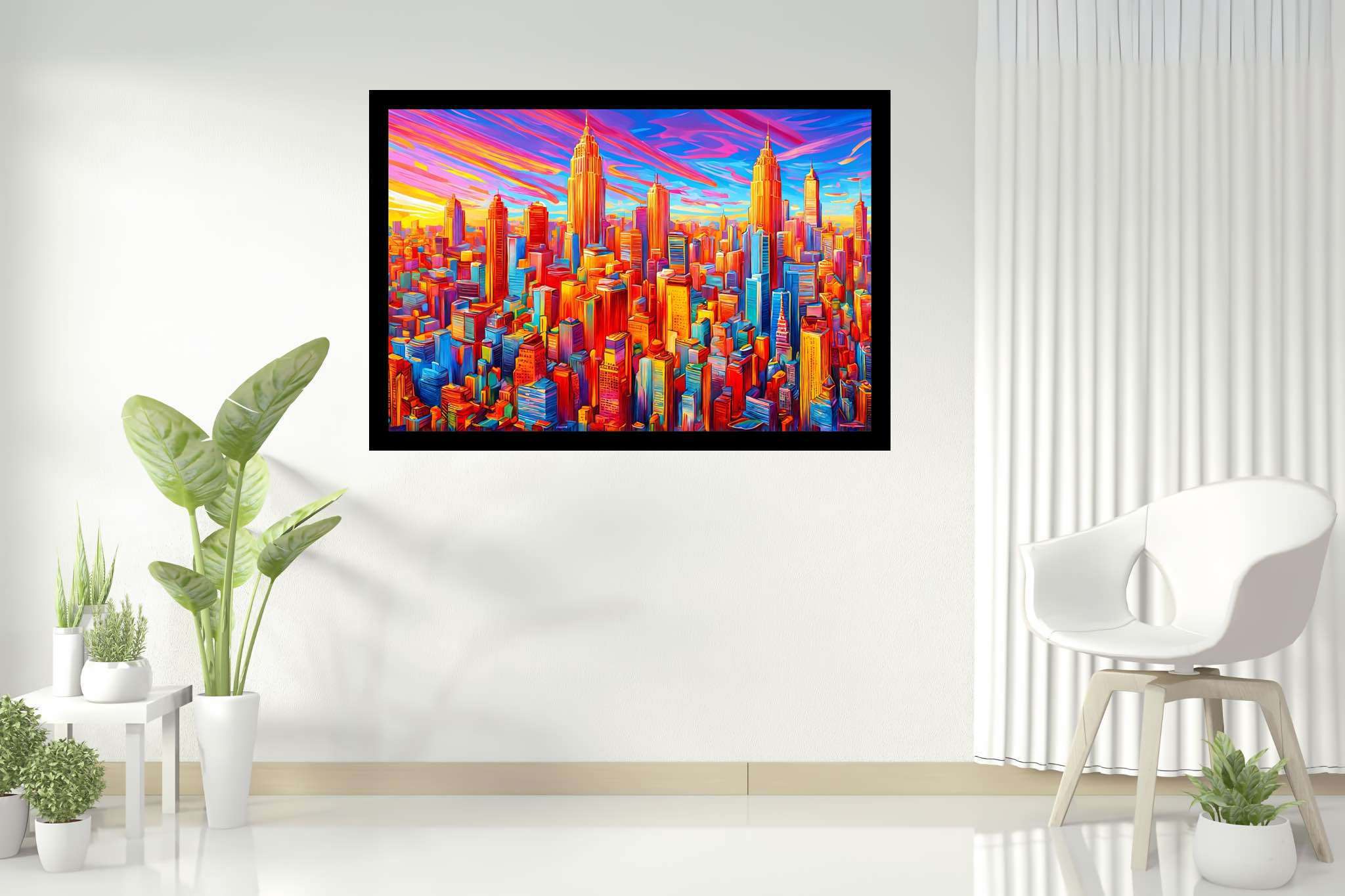 Sunset serenade in chroma: Vibrant cityscape art with dynamic urban landscapes, in a room with innovative layout, wall art, and home furnishings. The art can be printed on poster, framed poster, canvas, metal, acrylic or wood, exclusively at WallArtZen. Find this exact print at https://wallartzen.com/waz297