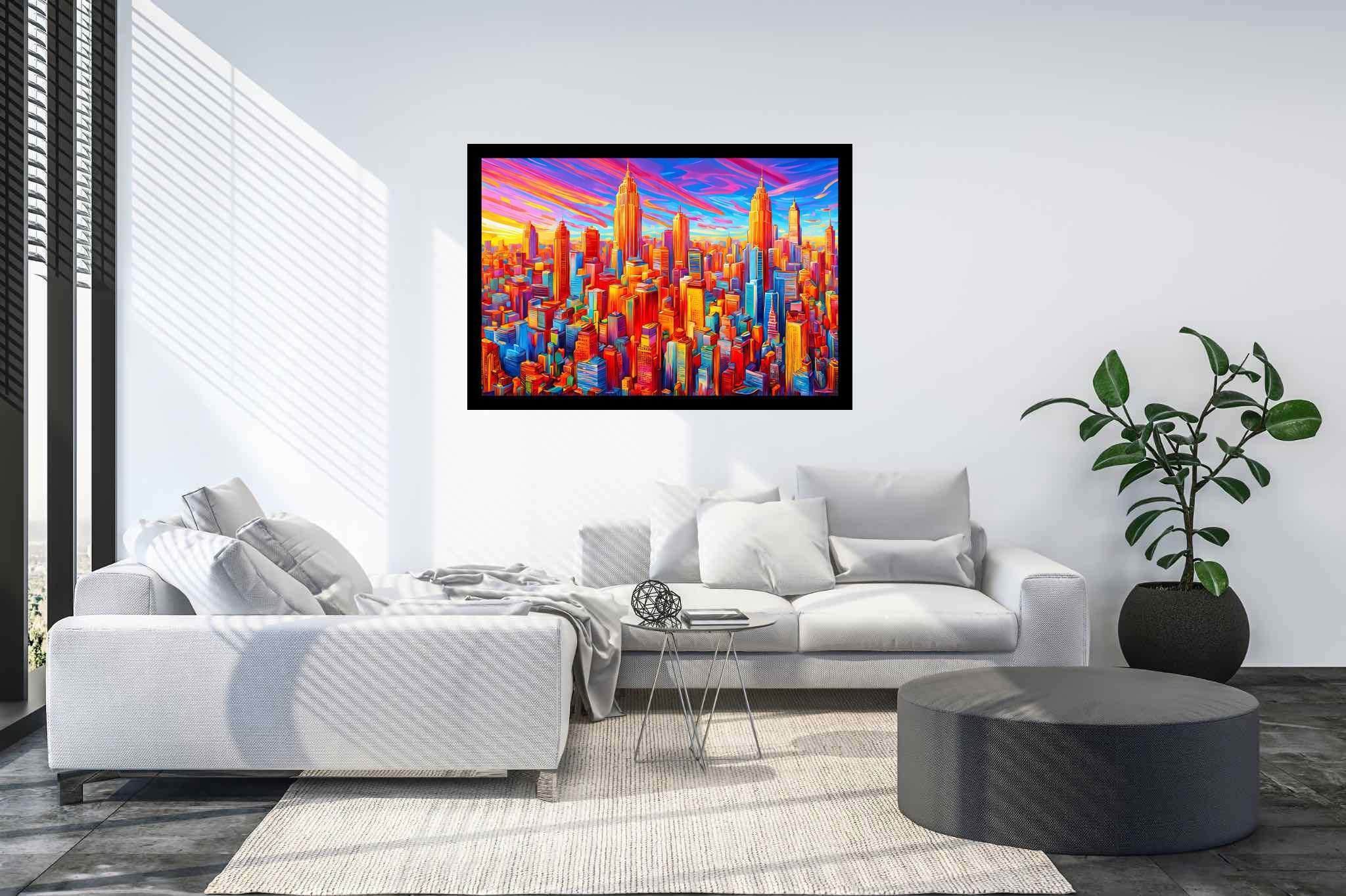 Sunset serenade in chroma: Vibrant cityscape art with bustling cityscape paintings, in a room with minimalist approach, wall hangings, and stylish accessories. The art can be printed on poster, framed poster, canvas, metal, acrylic or wood, exclusively at WallArtZen. Find this exact print at https://wallartzen.com/waz297