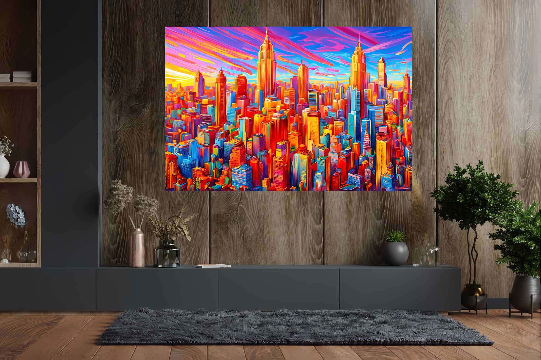 Sunset serenade in chroma: Vibrant cityscape art with colorful cityscapes, in a room with contemporary flair, digital art pieces, and decorative pieces. The art can be printed on poster, framed poster, canvas, metal, acrylic or wood, exclusively at WallArtZen. Find this exact print at https://wallartzen.com/waz297
