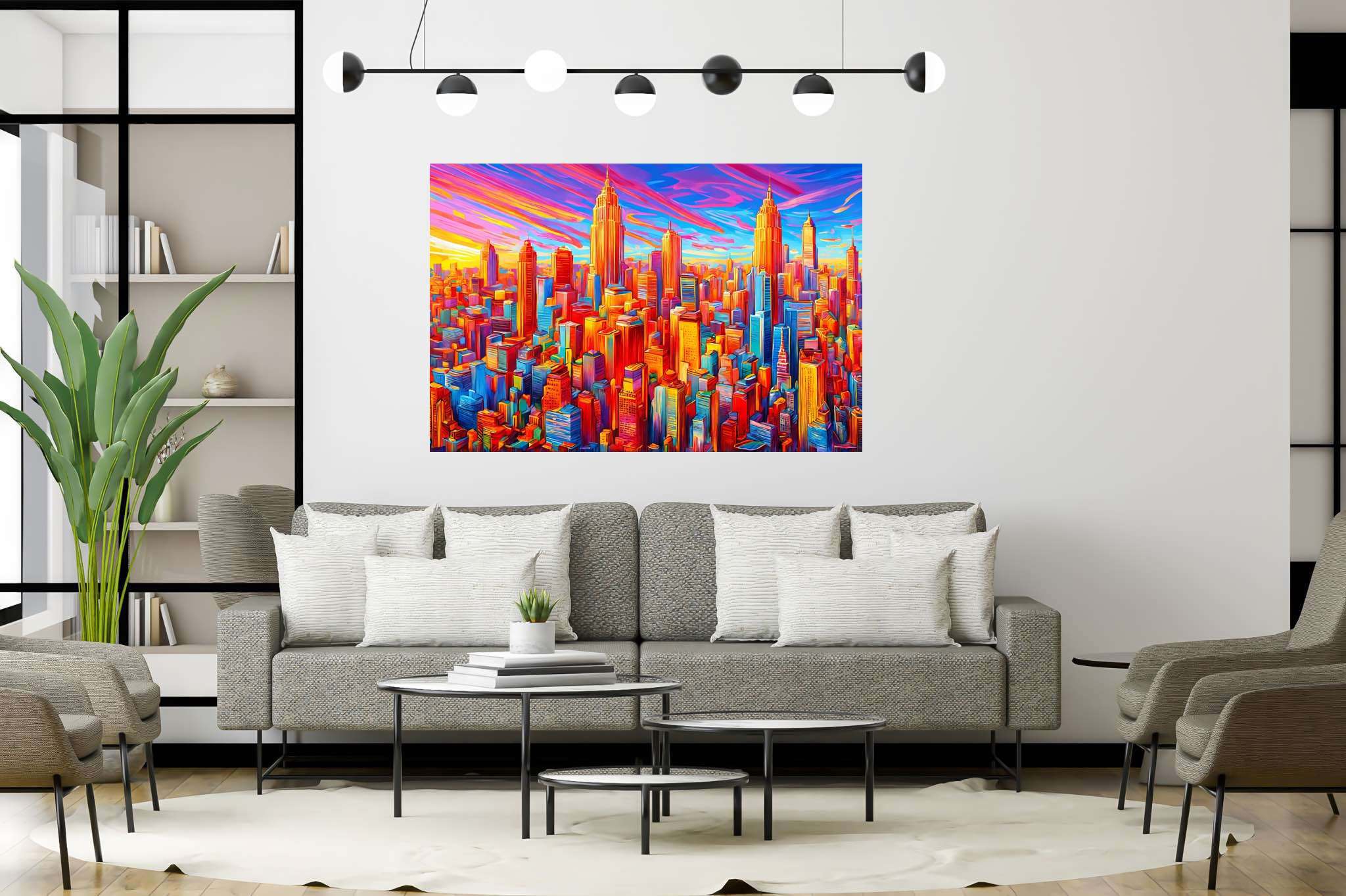 Sunset serenade in chroma: Vibrant cityscape art with lively urban art, in a room with modern style, photographic wall art, and trendy home accents. The art can be printed on poster, framed poster, canvas, metal, acrylic or wood, exclusively at WallArtZen. Find this exact print at https://wallartzen.com/waz297