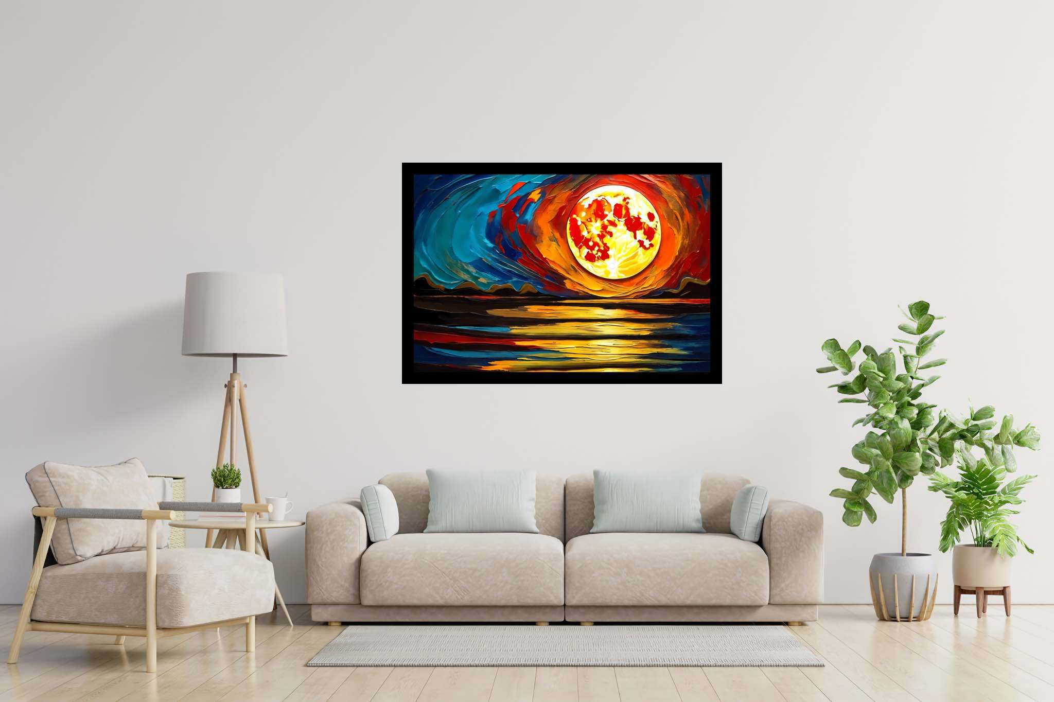 Aqua lullaby dusk: Serene sunset art with beautiful sunsets, in a room with chic decor, framed art, and home furnishings. The art can be printed on poster, framed poster, canvas, metal, acrylic or wood, exclusively at WallArtZen. Find this exact print at https://wallartzen.com/waz298