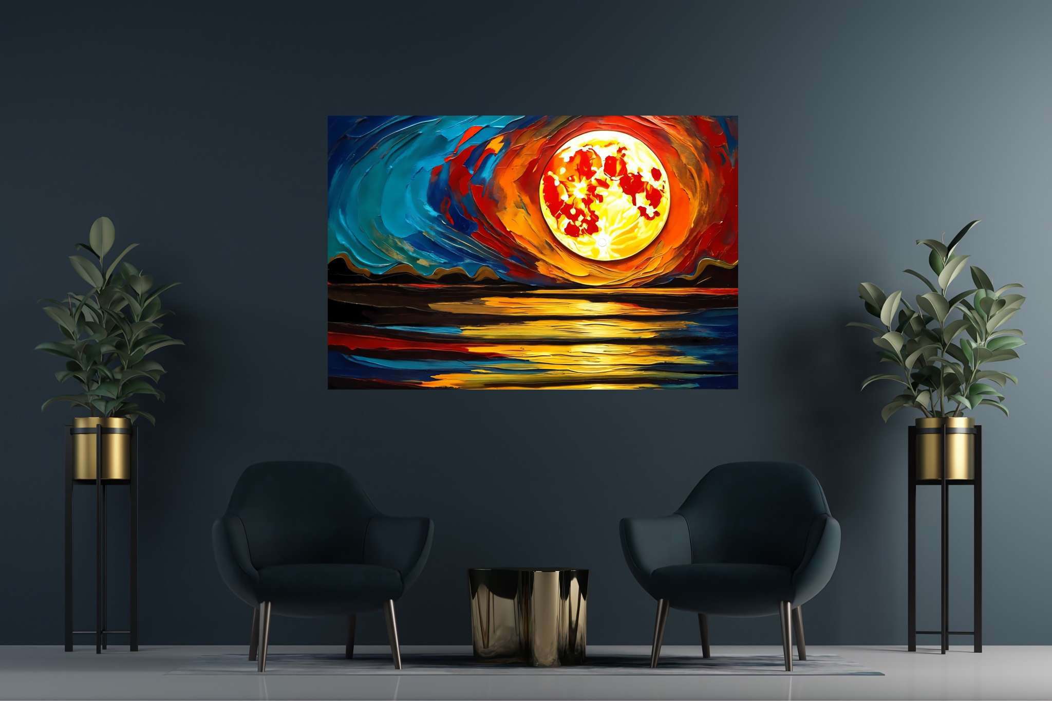 Aqua lullaby dusk: Serene sunset art with serene beauty, in a room with contemporary flair, gallery-quality artwork, and stylish accessories. The art can be printed on poster, framed poster, canvas, metal, acrylic or wood, exclusively at WallArtZen. Find this exact print at https://wallartzen.com/waz298