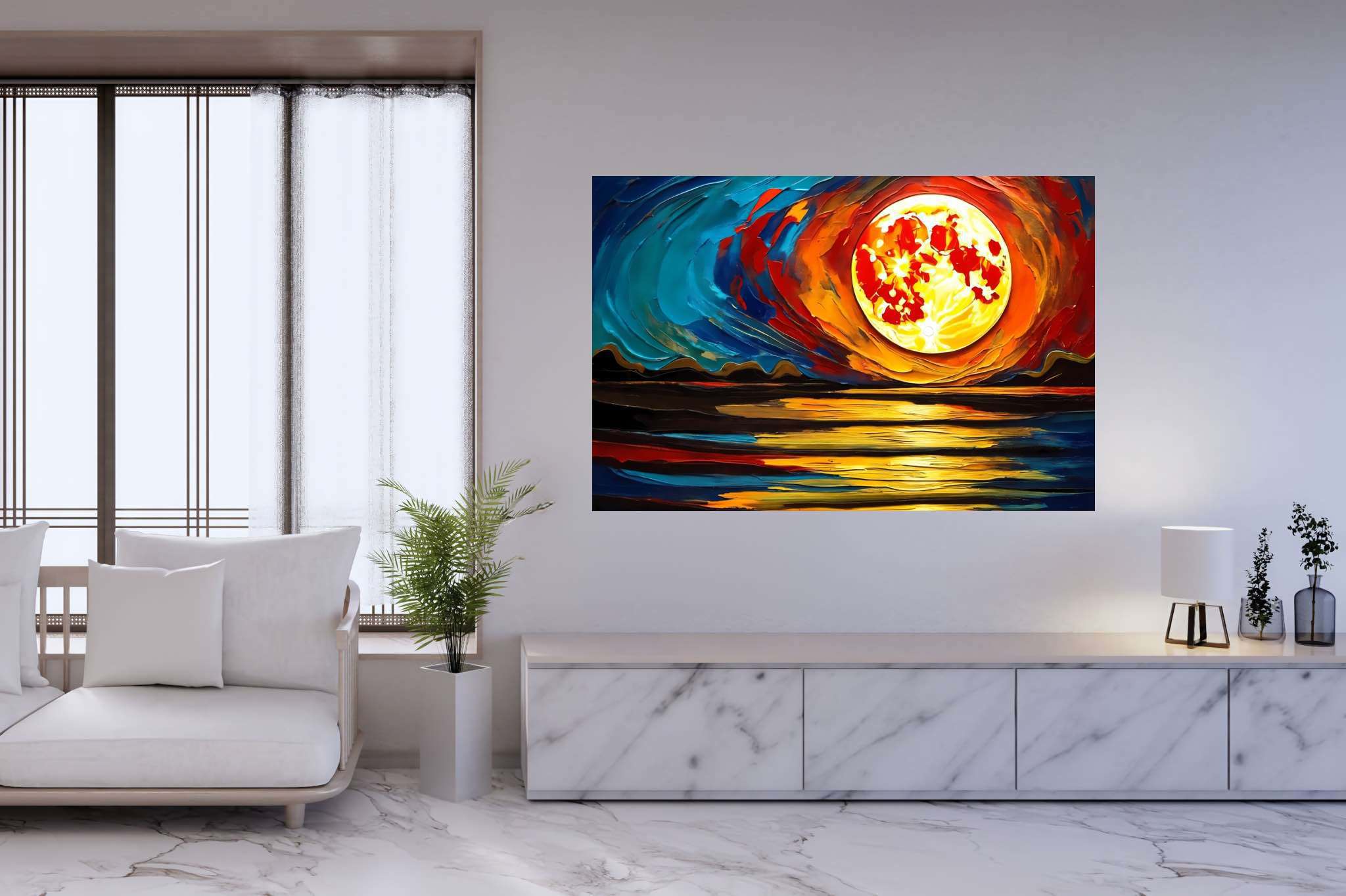 Aqua lullaby dusk: Serene sunset art with tranquil art, in a room with chic decor, wall hangings, and luxe decor. The art can be printed on poster, framed poster, canvas, metal, acrylic or wood, exclusively at WallArtZen. Find this exact print at https://wallartzen.com/waz298