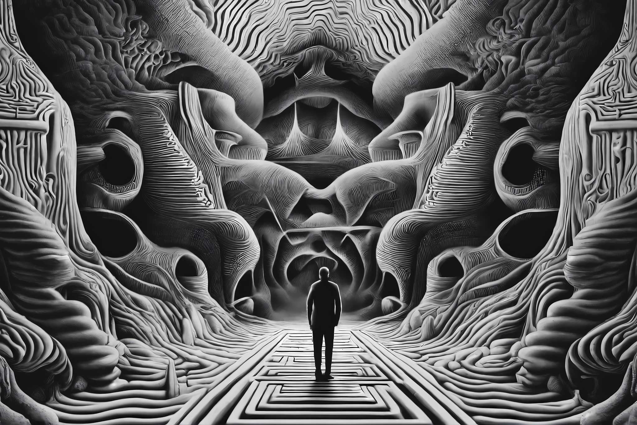 Labyrinth of silent echoes: Abstract surreal art with dreamlike, in a room with great design, wall art, and elegant home goods. The art can be printed on poster, framed poster, canvas, metal, acrylic or wood, exclusively at WallArtZen. Find this exact print at https://wallartzen.com/waz299