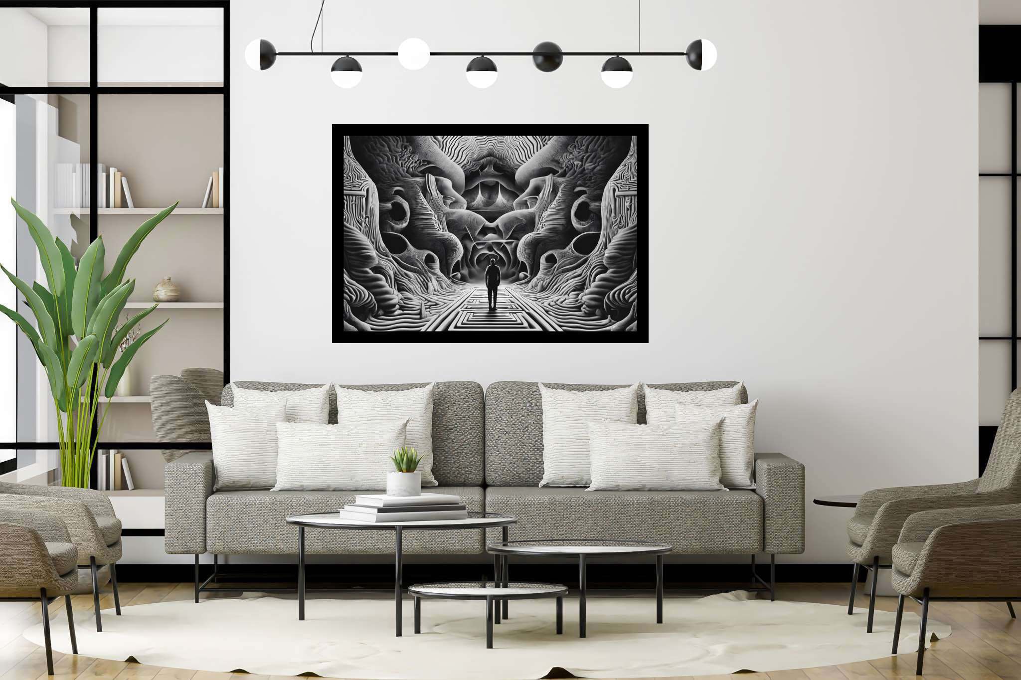 Labyrinth of silent echoes: Abstract surreal art with subconscious, in a room with modern style, wall art, and designer furniture. The art can be printed on poster, framed poster, canvas, metal, acrylic or wood, exclusively at WallArtZen. Find this exact print at https://wallartzen.com/waz299