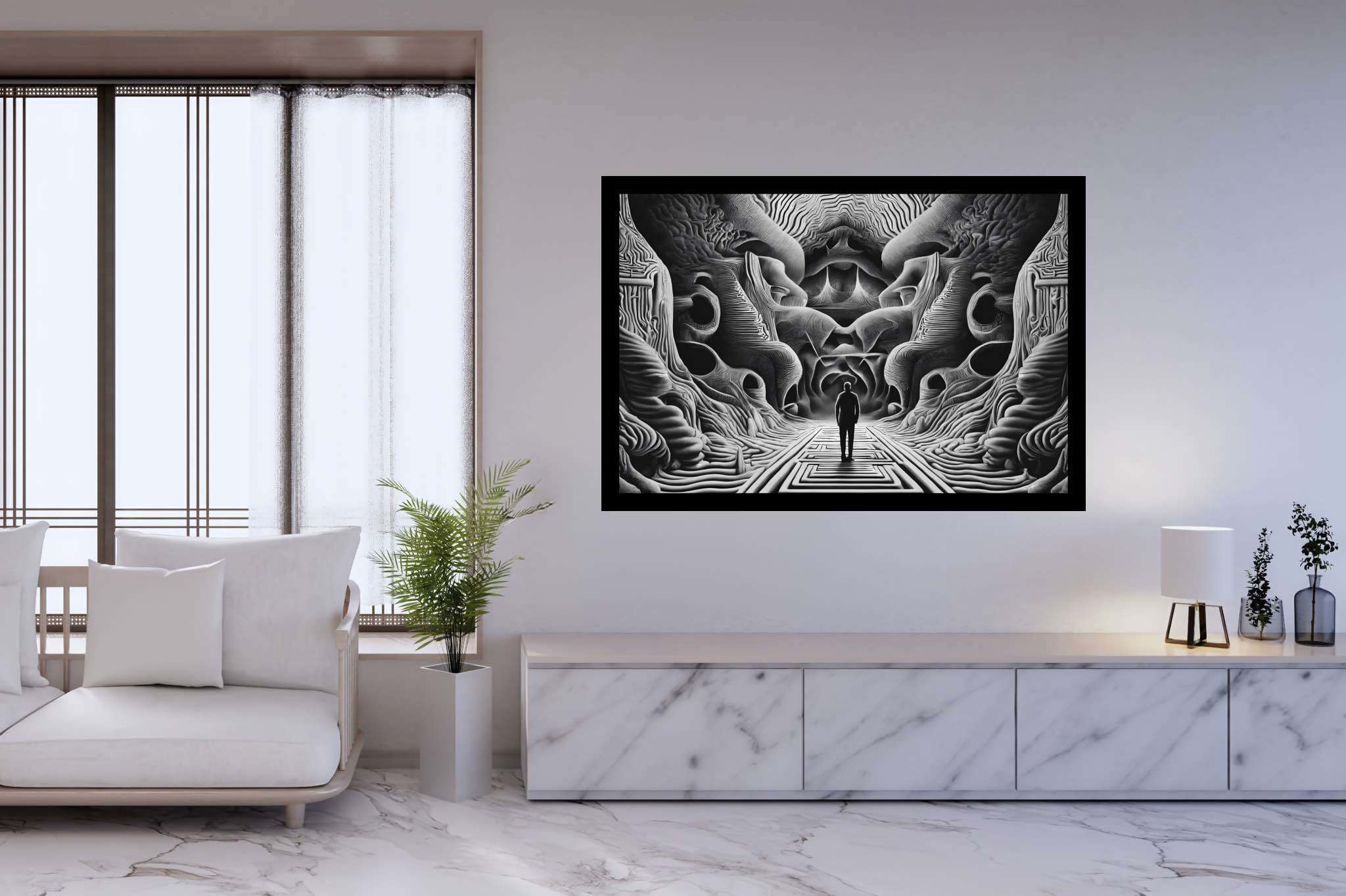 Labyrinth of silent echoes: Abstract surreal art with mind-bending, in a room with innovative layout, mural artworks, and luxe decor. The art can be printed on poster, framed poster, canvas, metal, acrylic or wood, exclusively at WallArtZen. Find this exact print at https://wallartzen.com/waz299