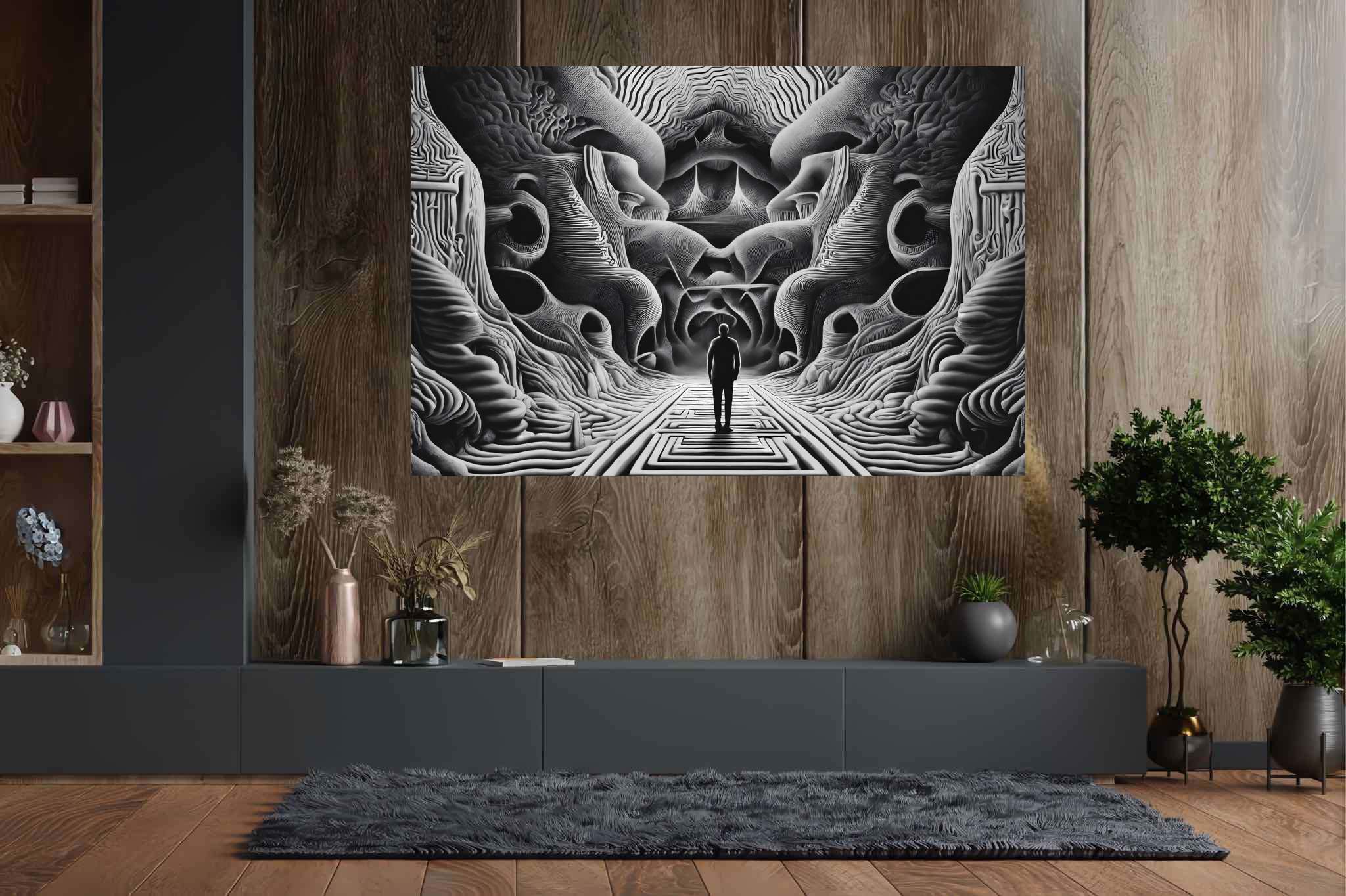 Labyrinth of silent echoes: Abstract surreal art with unconventional, in a room with chic decor, mural artworks, and home styling items. The art can be printed on poster, framed poster, canvas, metal, acrylic or wood, exclusively at WallArtZen. Find this exact print at https://wallartzen.com/waz299