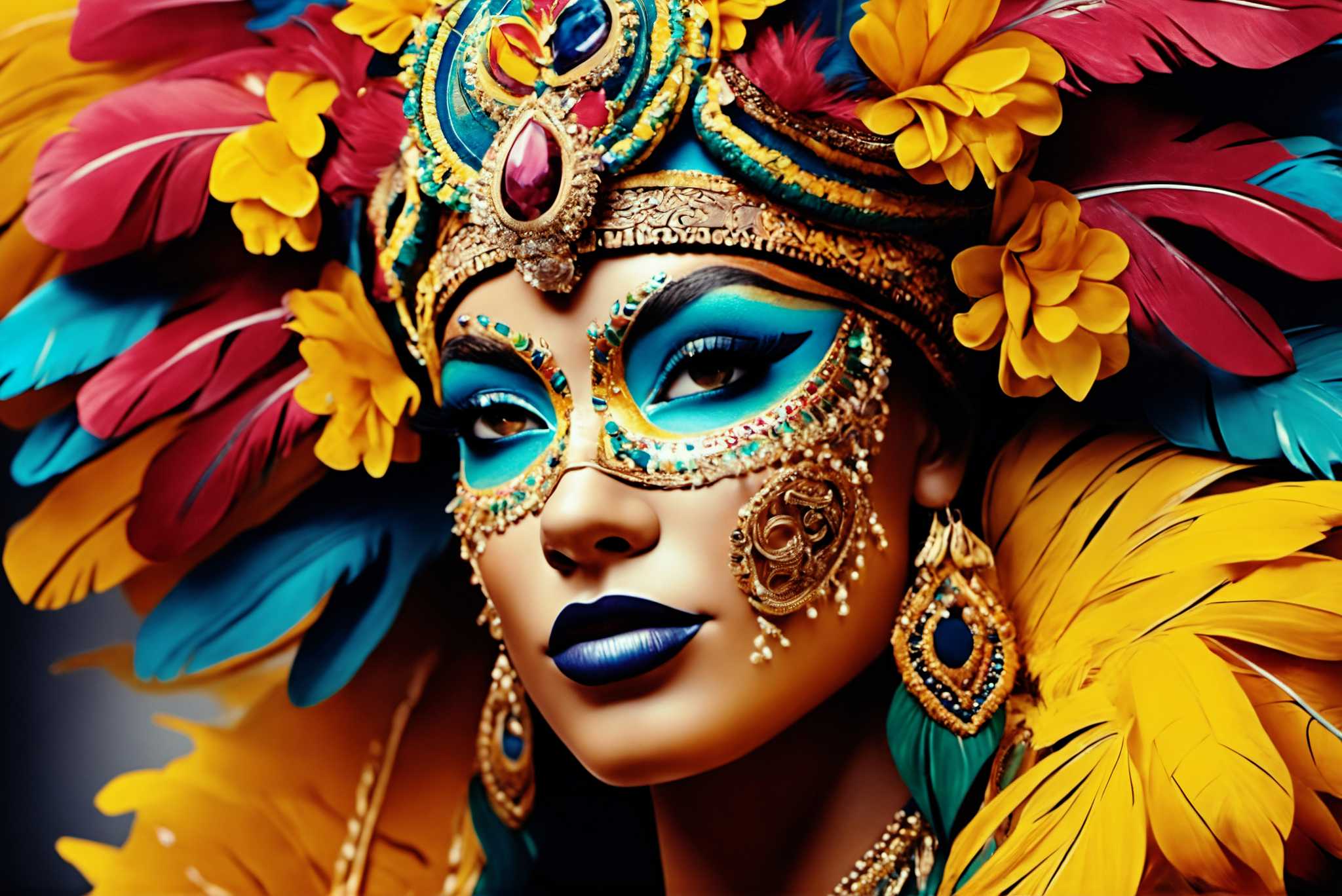 Mardi gras reverie: Colorful mask art with vibrant mask designs, in a room with classic elegance, gallery-quality artwork, and home furnishings. The art can be printed on poster, framed poster, canvas, metal, acrylic or wood, exclusively at WallArtZen. Find this exact print at https://wallartzen.com/waz29