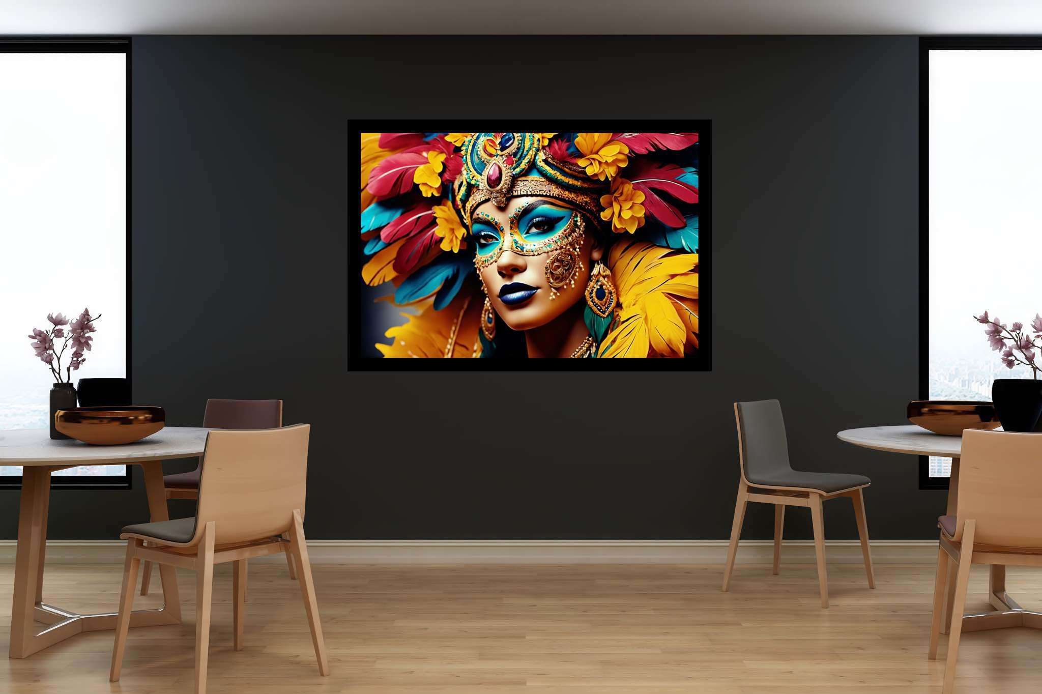 Mardi gras reverie: Colorful mask art with abstract mask paintings, in a room with artistic style, wall art, and artisan decor. The art can be printed on poster, framed poster, canvas, metal, acrylic or wood, exclusively at WallArtZen. Find this exact print at https://wallartzen.com/waz29