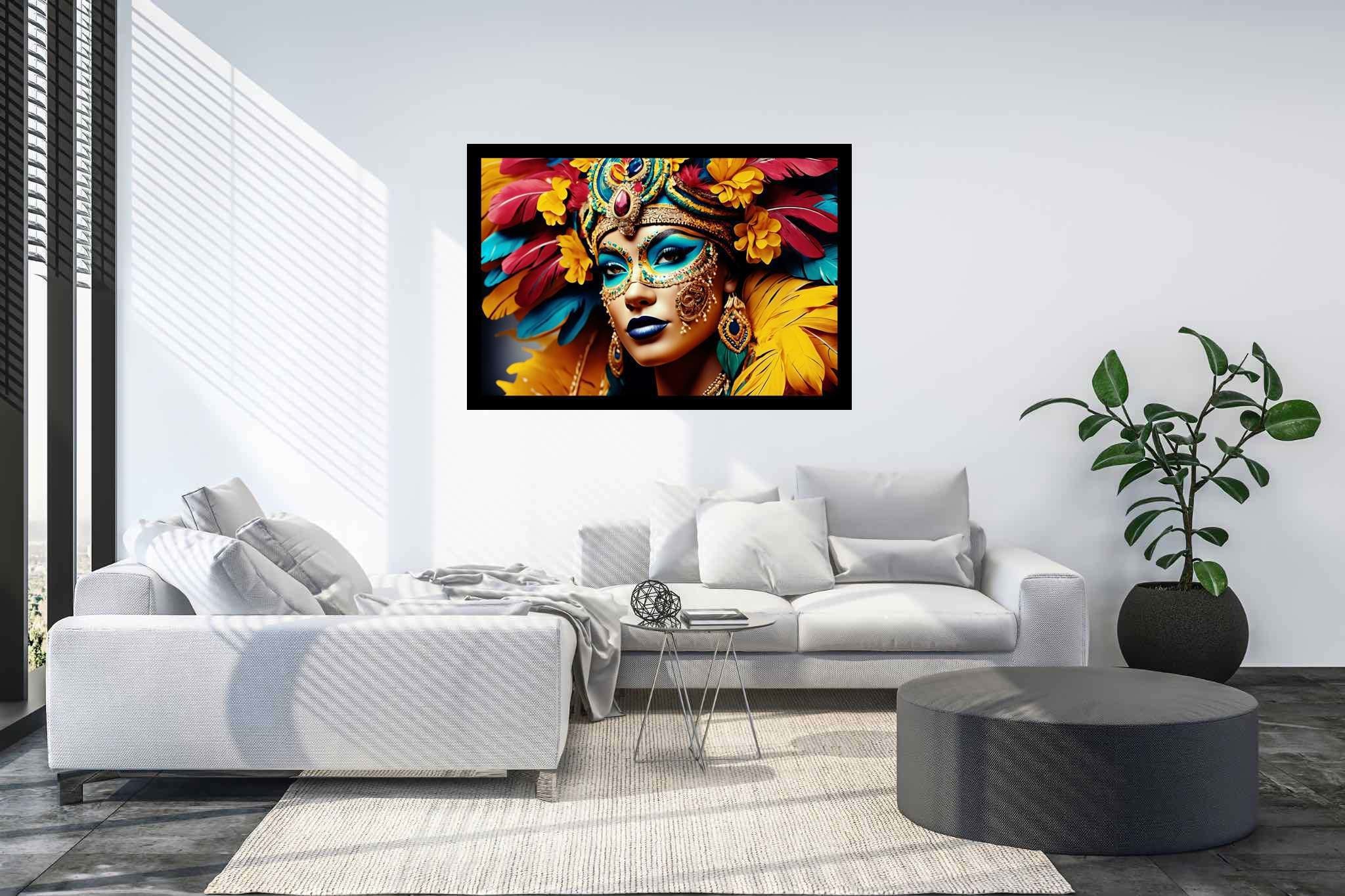 Mardi gras reverie: Colorful mask art with expressive mask artwork, in a room with minimalist approach, canvas prints, and stylish accessories. The art can be printed on poster, framed poster, canvas, metal, acrylic or wood, exclusively at WallArtZen. Find this exact print at https://wallartzen.com/waz29